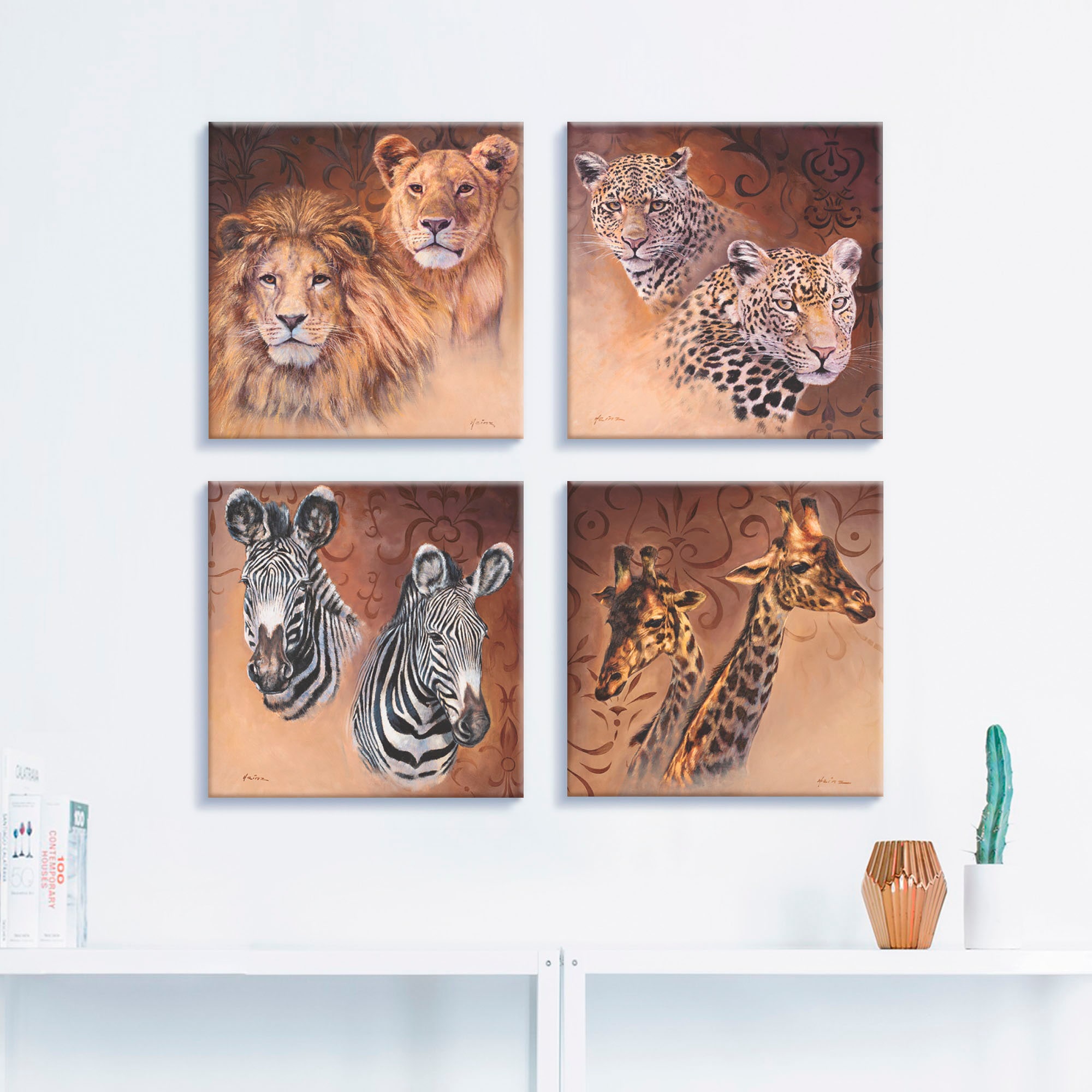 Artland Leinwandbild »Löwen Leoparden Zebra Giraffen«, Wildtiere, (4 St.), 4er Set, verschiedene Größen