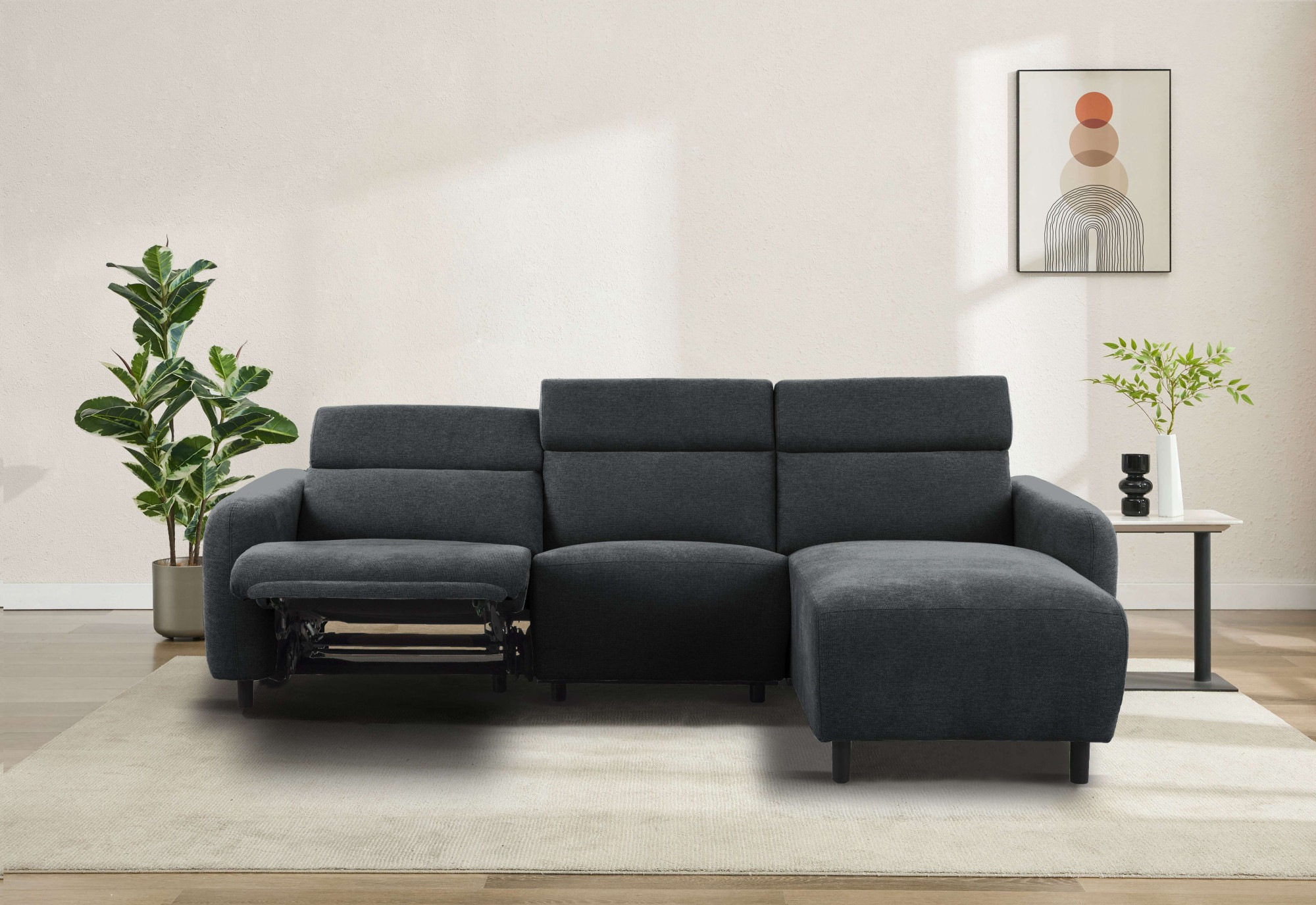 OTTO home Ecksofa "SKAANE Struktur, L-Form, 274 cm, manuelle/elektrische Relaxfunktion," rundes Design, Kopfteilverstellung, Federkernpolsterung