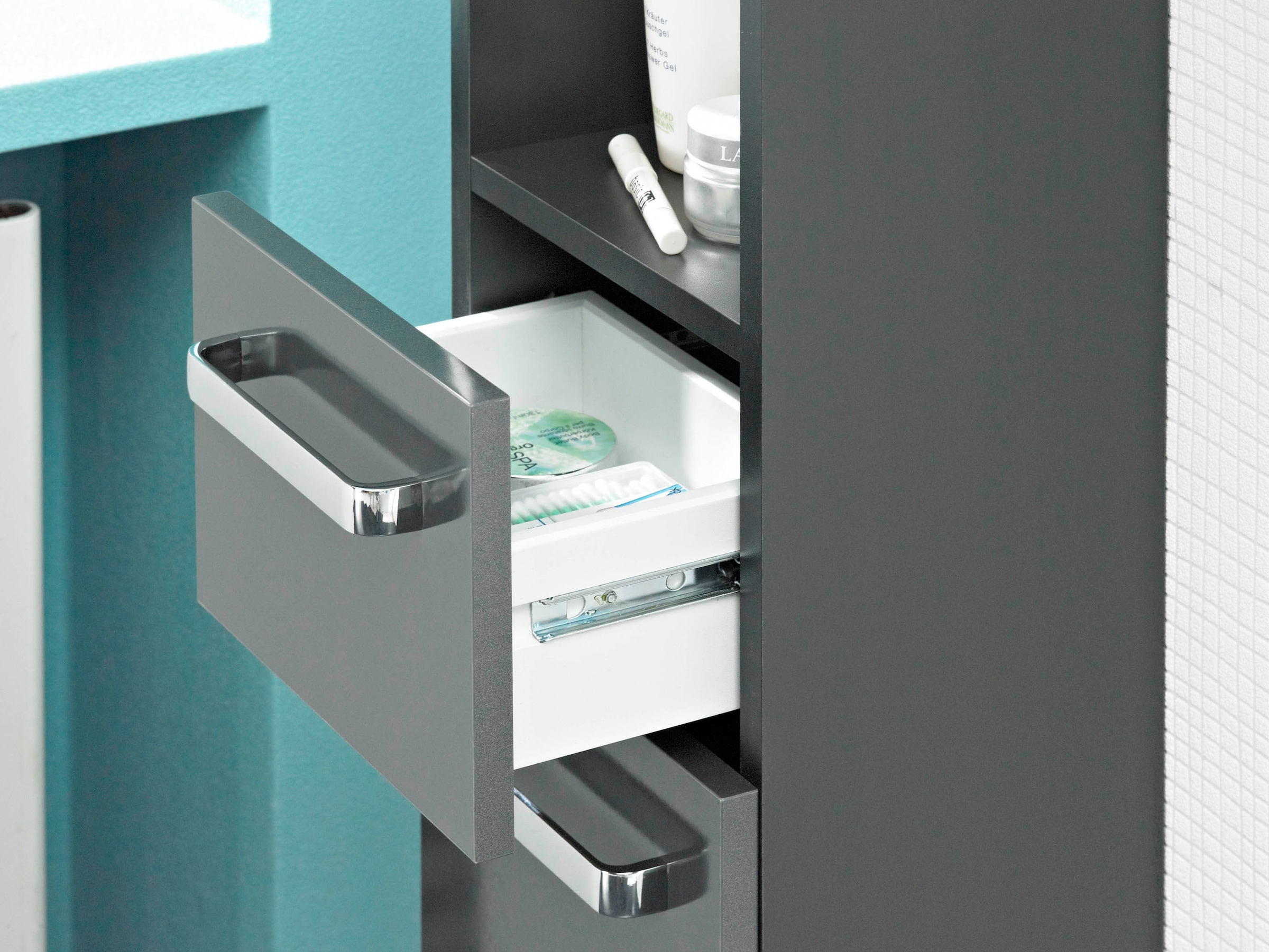 Saphir Hochschrank »Quickset Badschrank 30 cm breit, 2 Türen, 1 Nische, 1 Schublade«, Badezimmer-Hochschrank inkl. Türdämpfer, Griffe in Chrom glänzend