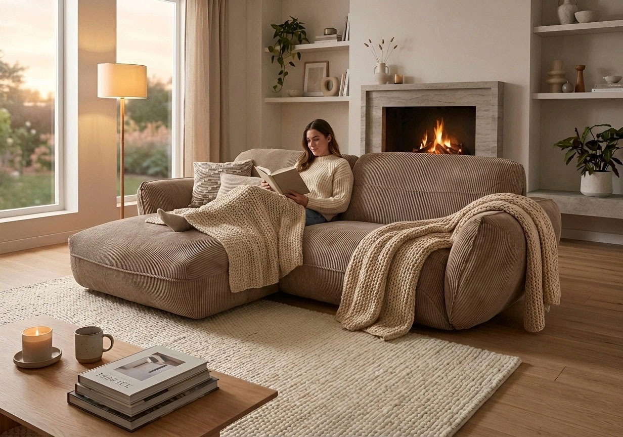 TRENDMANUFAKTUR Ecksofa "Be Chilled, modernes Lounge-Design mit stilvoller Kedernaht" mit softem Sitzkomfort, in hochwertigem Cord mit weicher Haptik