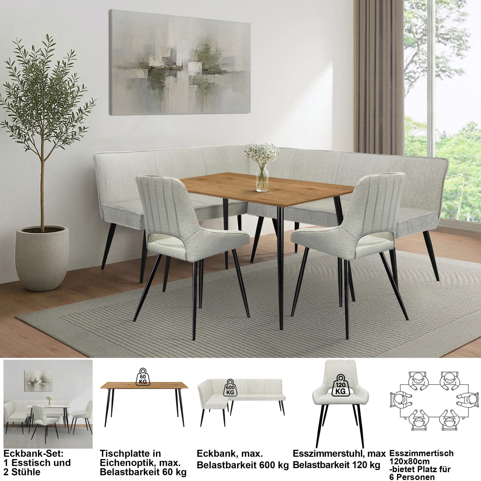 OTTO home Eckbankgruppe »Danny/Ianna/Derrek« Set, Eckbankgruppe mit Tisch, Eckbank, Stühle, 4 tlg. Sitzgruppe, Eckbank und Stühle bequem gepolstert, Tisch 120x80 cm