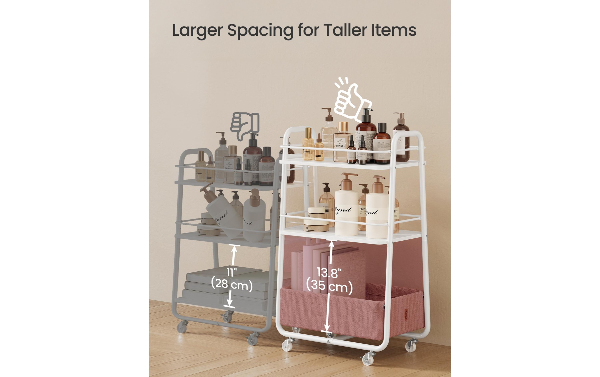 VASAGLE Rollwagen »30,4 x 81 cm,« Mobiler Allzweckwagen mit 3 Ebenen, Stoffkorb + feststellbaren Rollen