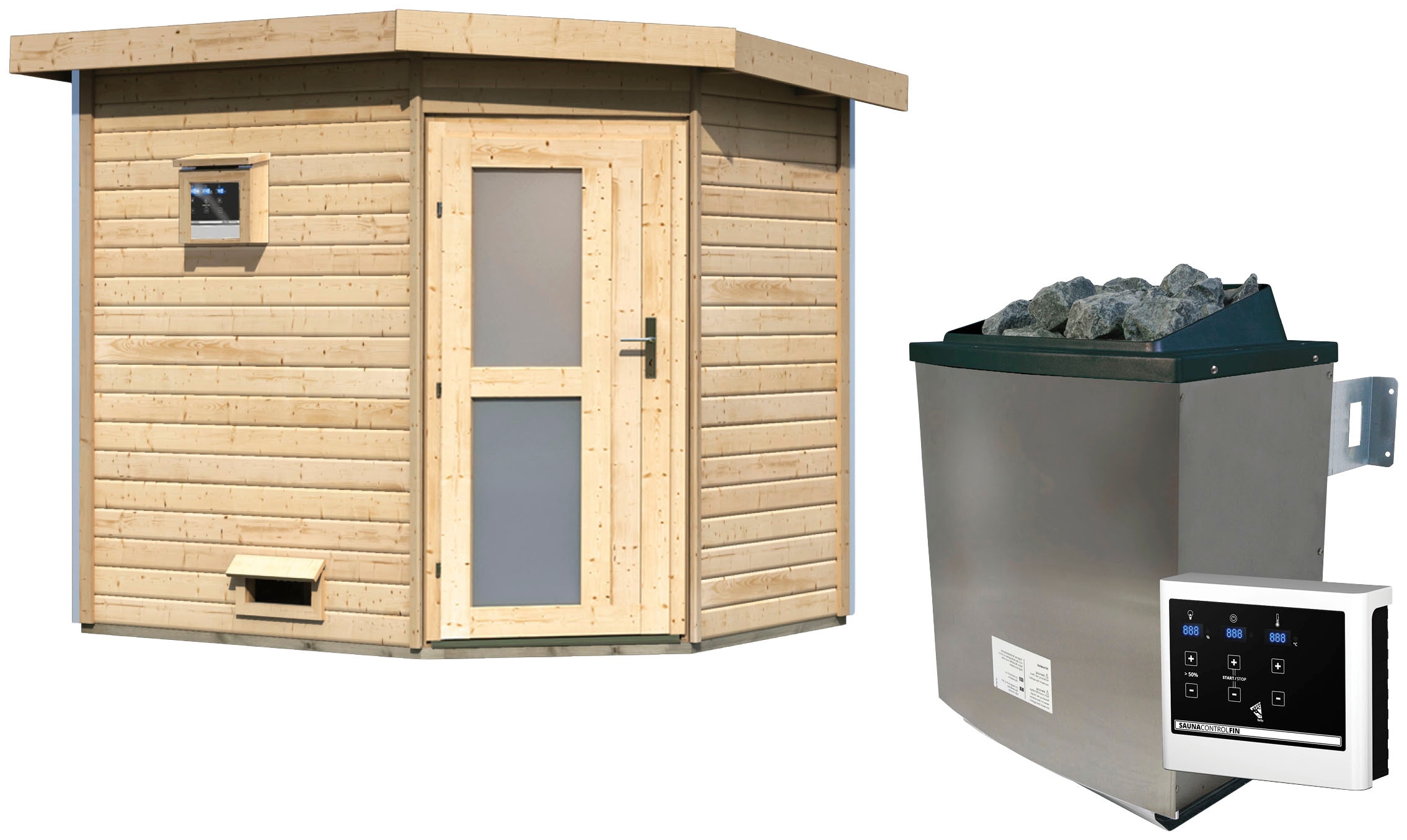 KARIBU Saunahaus "Tore", Saunaofen, externe Steuerung, 9 kW, beige, Garten, Saunen, Ofen 9 KW externe Strg easy