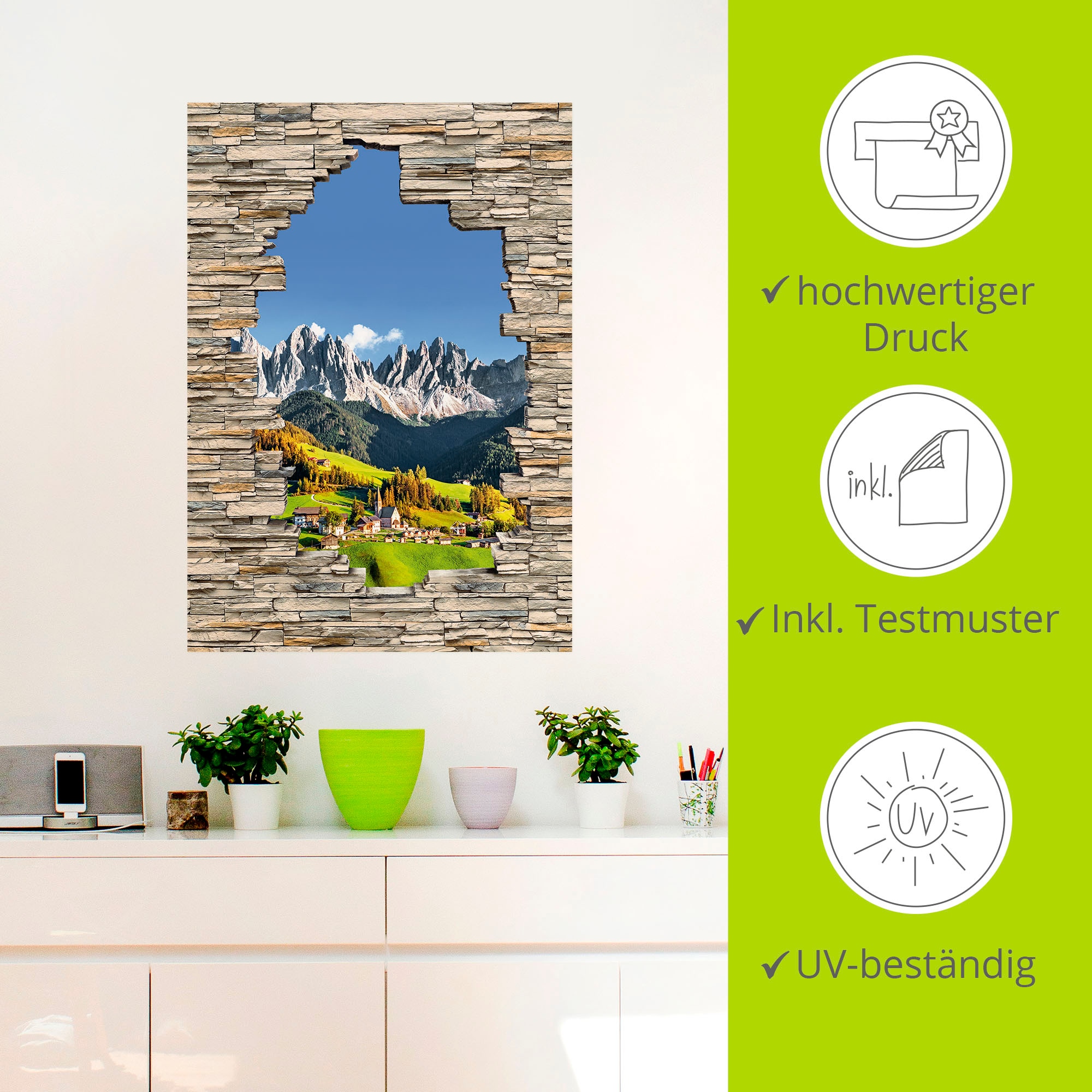 Artland Wandbild »Alpen Berge Santa Maddalena Stein Mauer«, Berge & Alpenbilder, (1 St.), als Alubild, Outdoorbild, Wandaufkleber in verschied. Größen