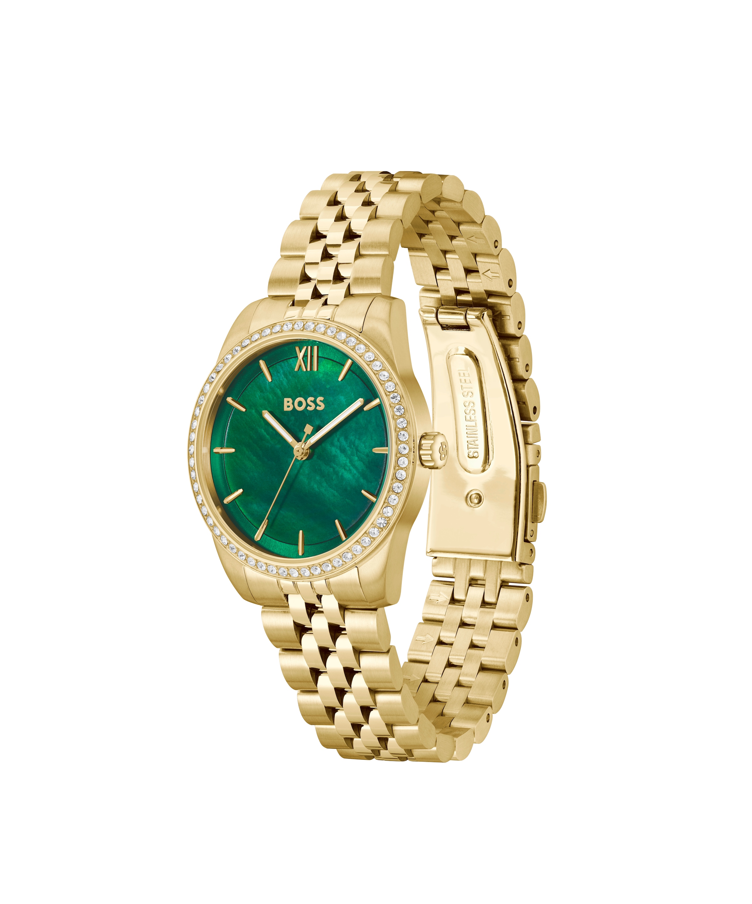 BOSS Quarzuhr »GRACEFUL« Armbanduhr, Damenuhr, Edelstahlarmband, analog, Glaskristalle