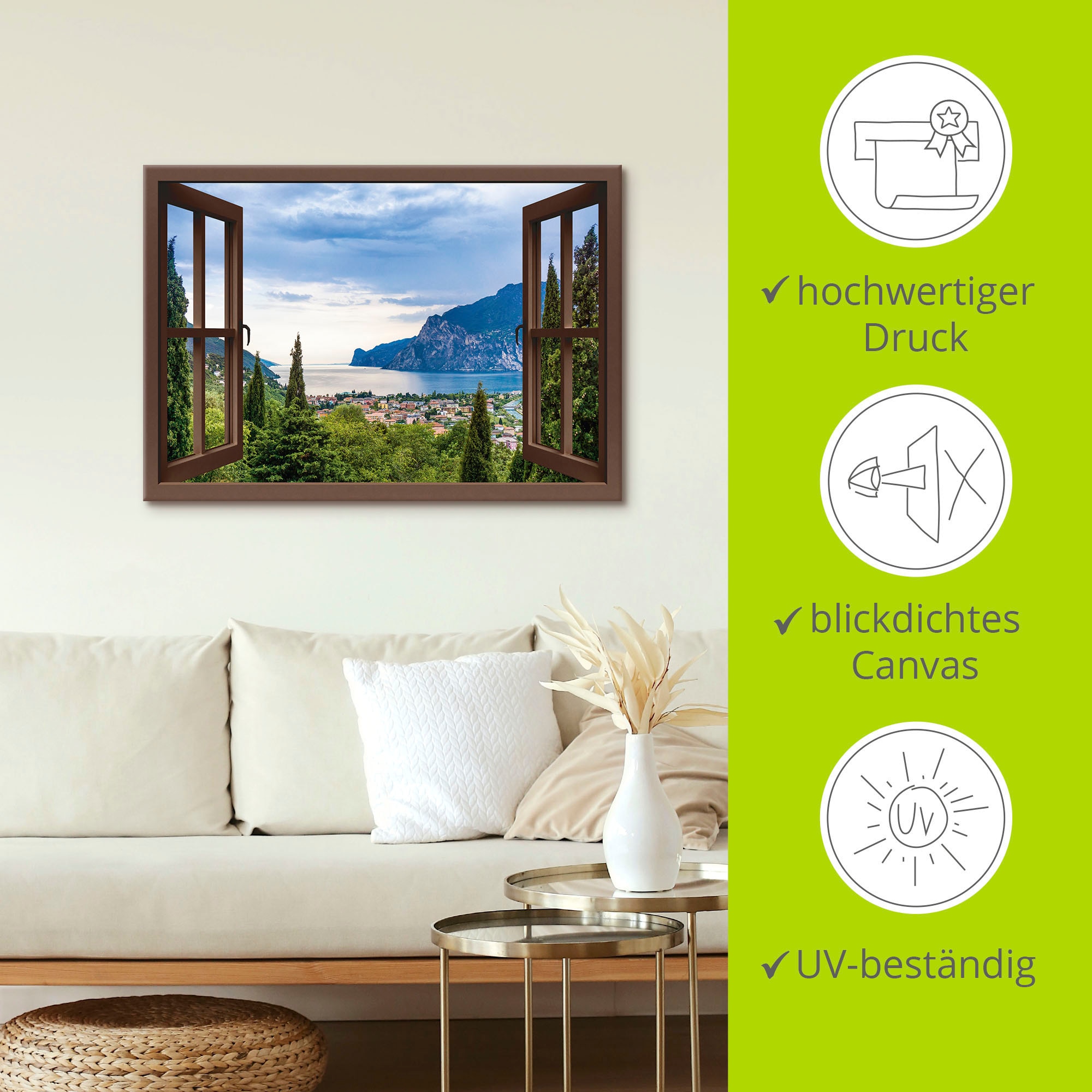 Artland Wandbild »Gardasee durchs braune Fenster«, Seebilder, (1 St.), als Alubild, Outdoorbild, Leinwandbild, Poster in verschied. Größen
