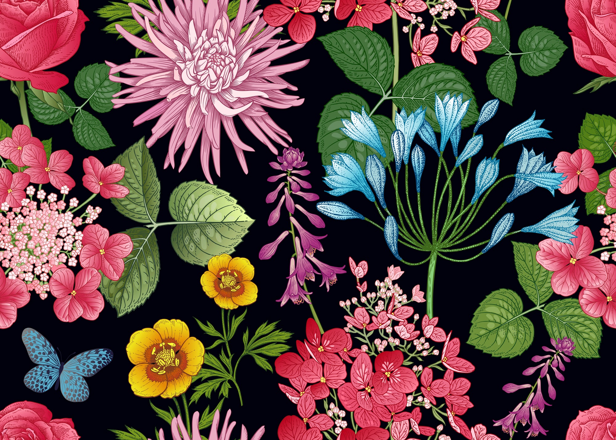 Papermoon Fototapete »BLUMEN ABSTRAKT-MUSTER DESIGN VOGEL BLUMEN DECOR RETRO«
