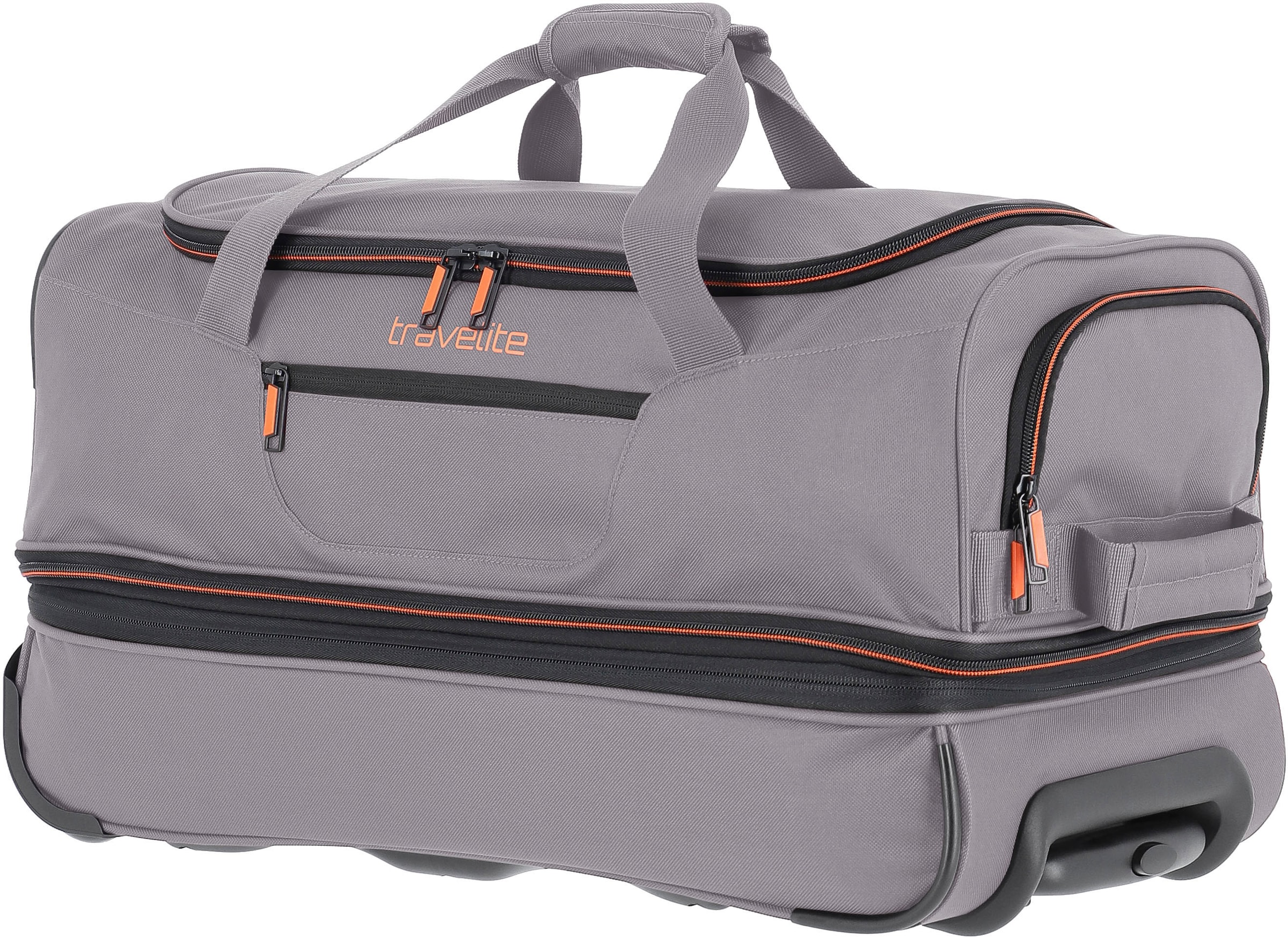 travelite Reisetasche "Basics, 55 cm, grau/orange", Duffle Bag Sporttasche mit Trolleyfunktion und Volumenerweiterung