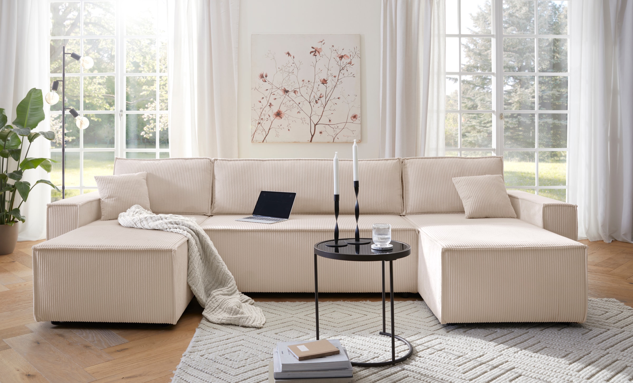 OTTO home Wohnlandschaft »Cassi, 311 cm, U-Form, Schlafsofa, Dauerschläfer, Boxspringfederung«, Schlaffunktion (133/270cm), Bettkasten, Seitentaschen, Cord-Bezug
