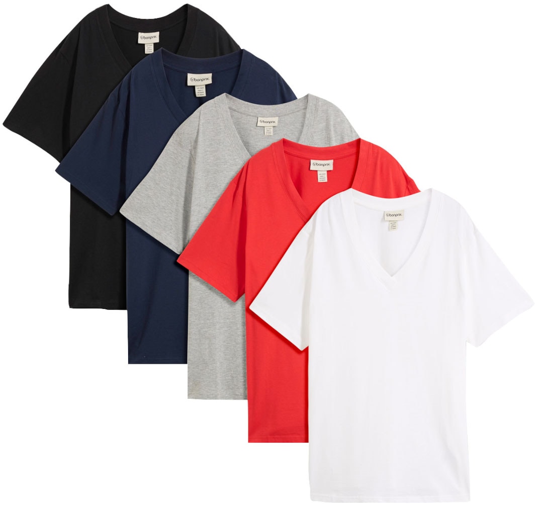 bonprix "Weites Long-Shirt mit V-Ausschnitt, Kurzarm (5er Pack)" Packung, 5 tlg. lockere Passform, Kurzarm, mit V-Ausschnitt, unifarben