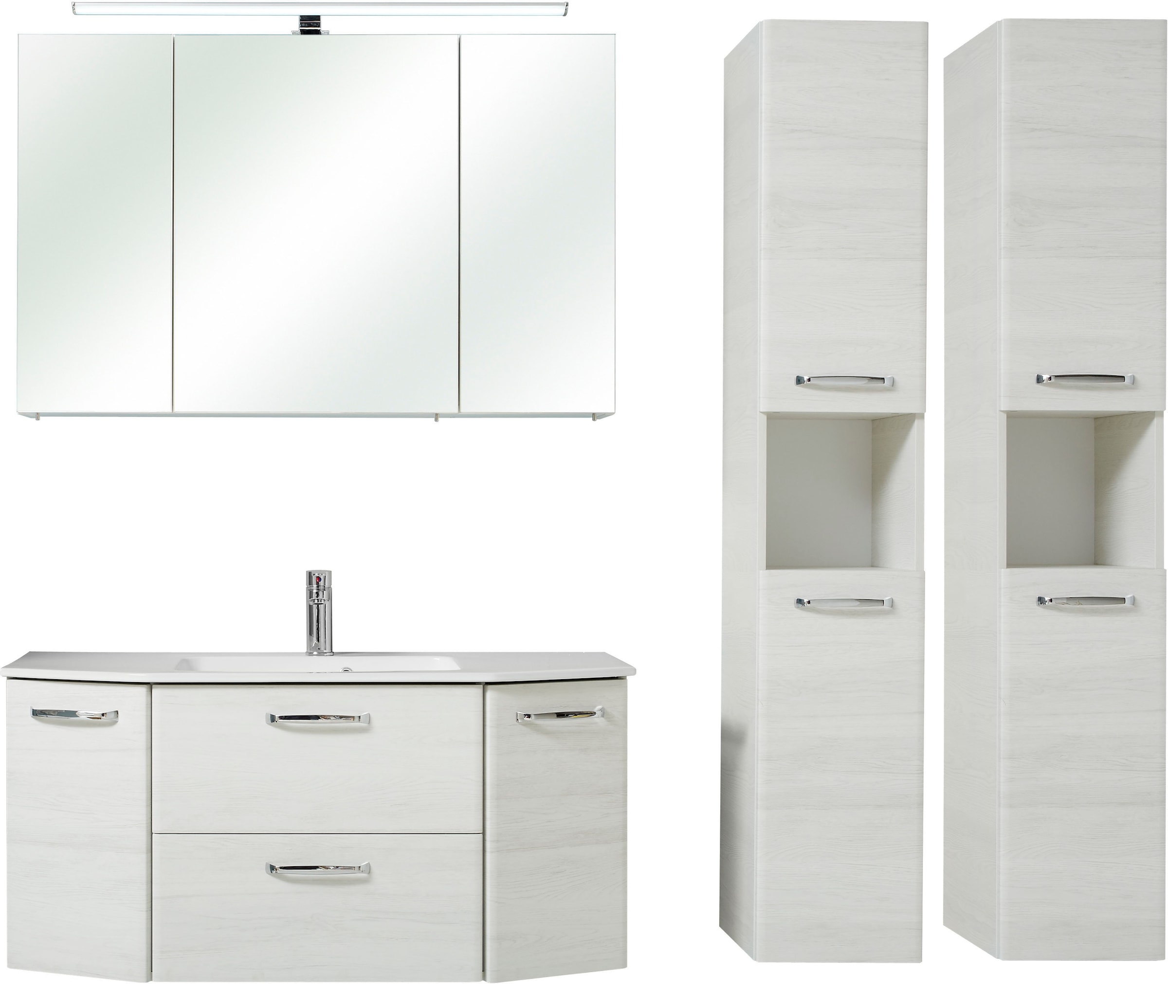 Saphir Badmöbel-Set »Quickset 936 4-teilig, Glaswaschtisch und LED-Spiegelschrank«, (Set, 4 St.), 2 Hochschränke, Eiche Weiß quer Nachbildung, inkl. Türdämpfer, 9 Türen