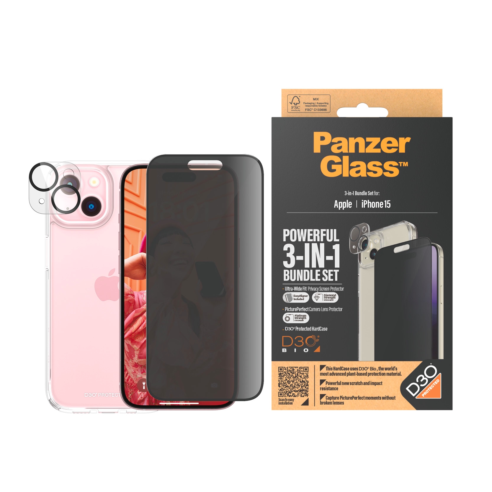PanzerGlass Displayschutzglas »3-in-1-Privacy-Pack Privacy, Camera Protector und Cover«, für iPhone 15