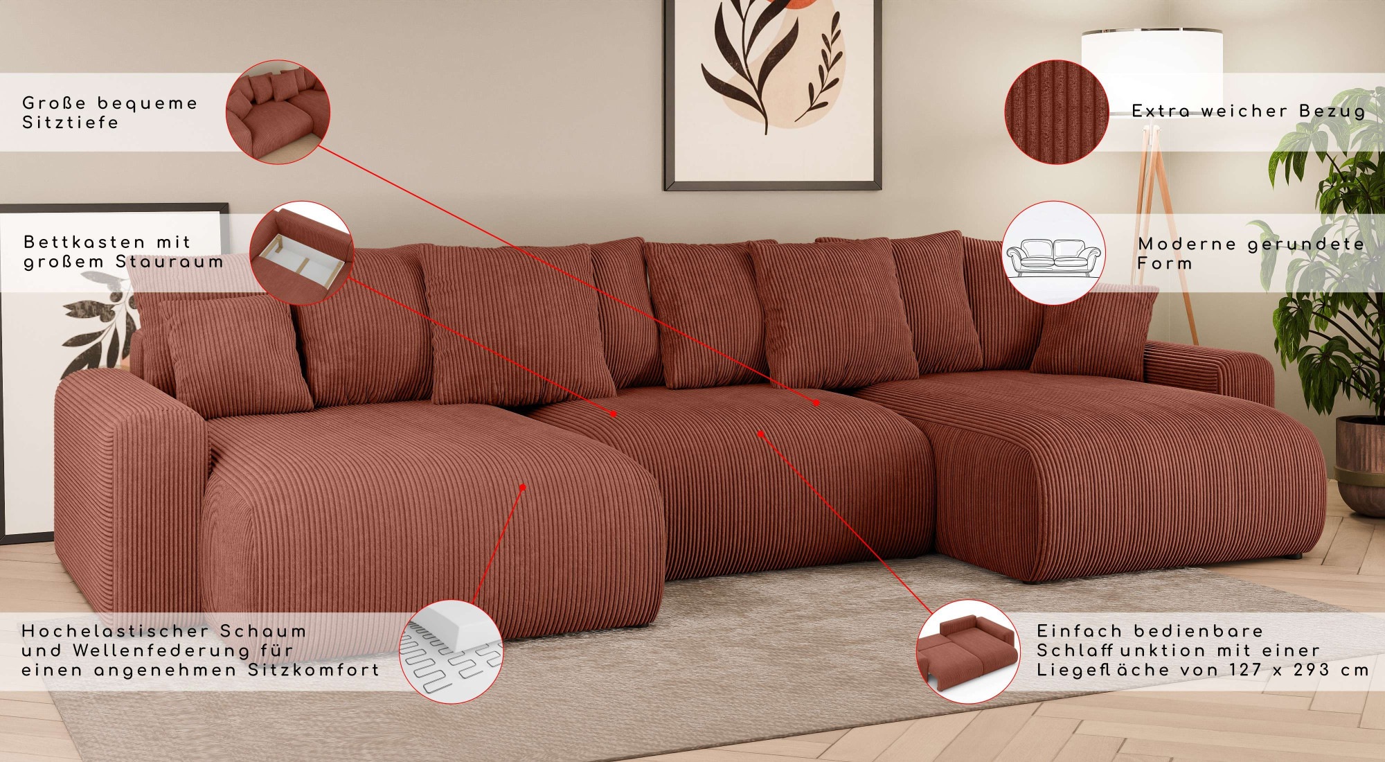 Thumbnail - Home affaire Wohnlandschaft "LAKESIDE mit Bettfunktion und Bettkasten, Maße B/T/H: 332,5/142/84 cm" U‑Form mit vielen Ki...