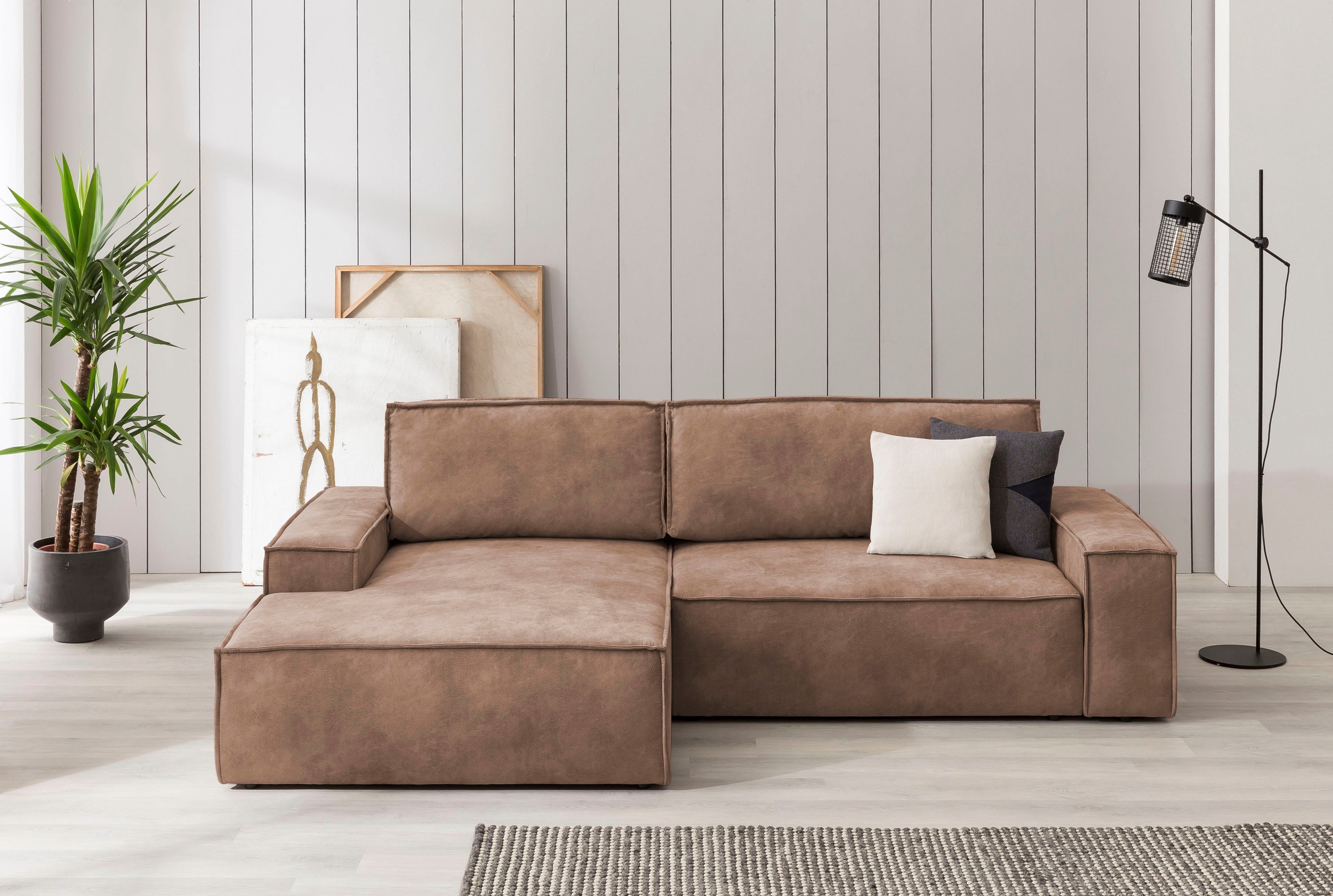OTTO home Ecksofa "SHERWOOD Vintage Lederoptik L-Form, 267 cm" Schlaffunktion mit Bettkasten (210x136 cm), Cord, Vintage, Samtvelours