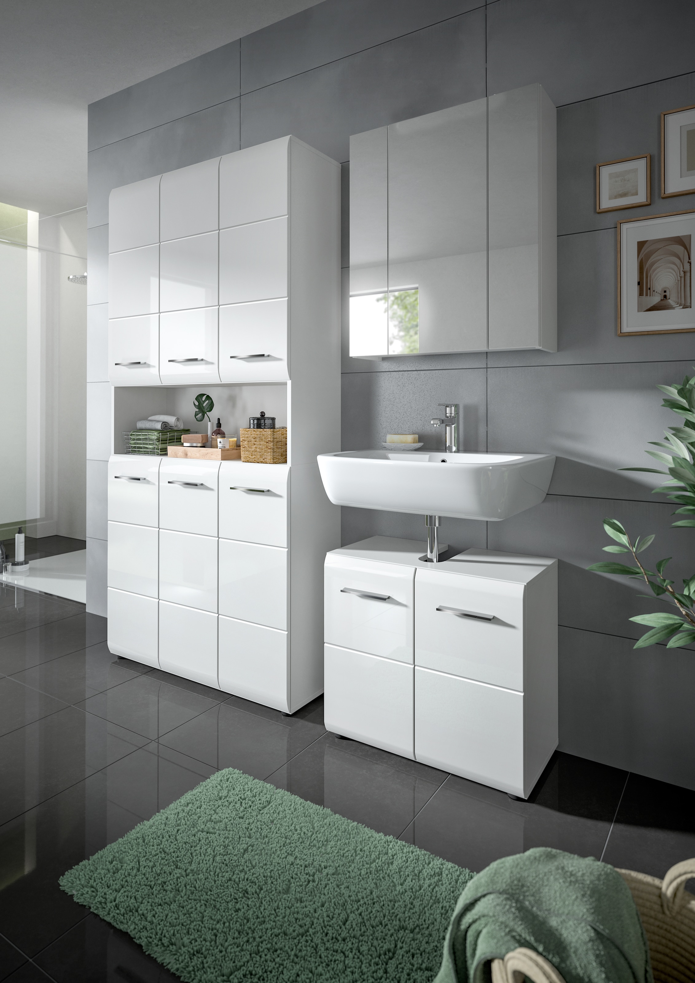 INOSIGN Badezimmer-Set, (Set, 4 St.), Florenz, Badkombination 3-tlg., Weiß hochglanz, Mehrzweckschrank