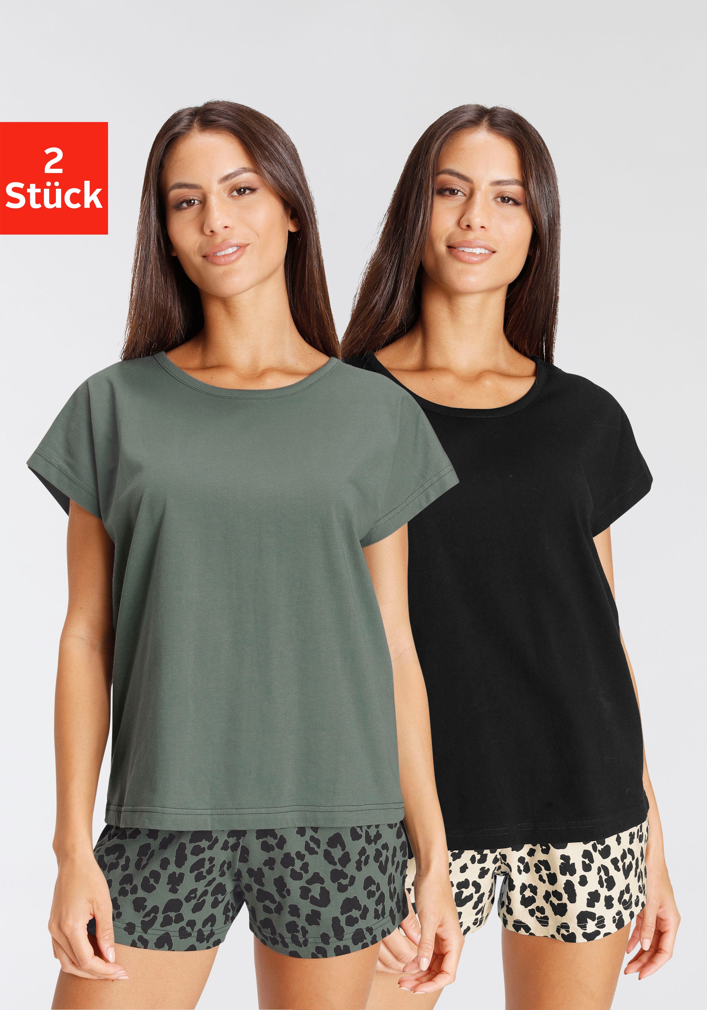 Shorty VIVANCE DREAMS, Damen, Gr. 44/46, bunt (ecru, schwarz, gemustert schwarz, gemustert), Single Jersey, Obermaterial: 100% Baumwolle, Basic, loose fit kurz, Rundhals, angeschnitten abgesteppt, Homewear-Sets Shorty, mit Animal-Print