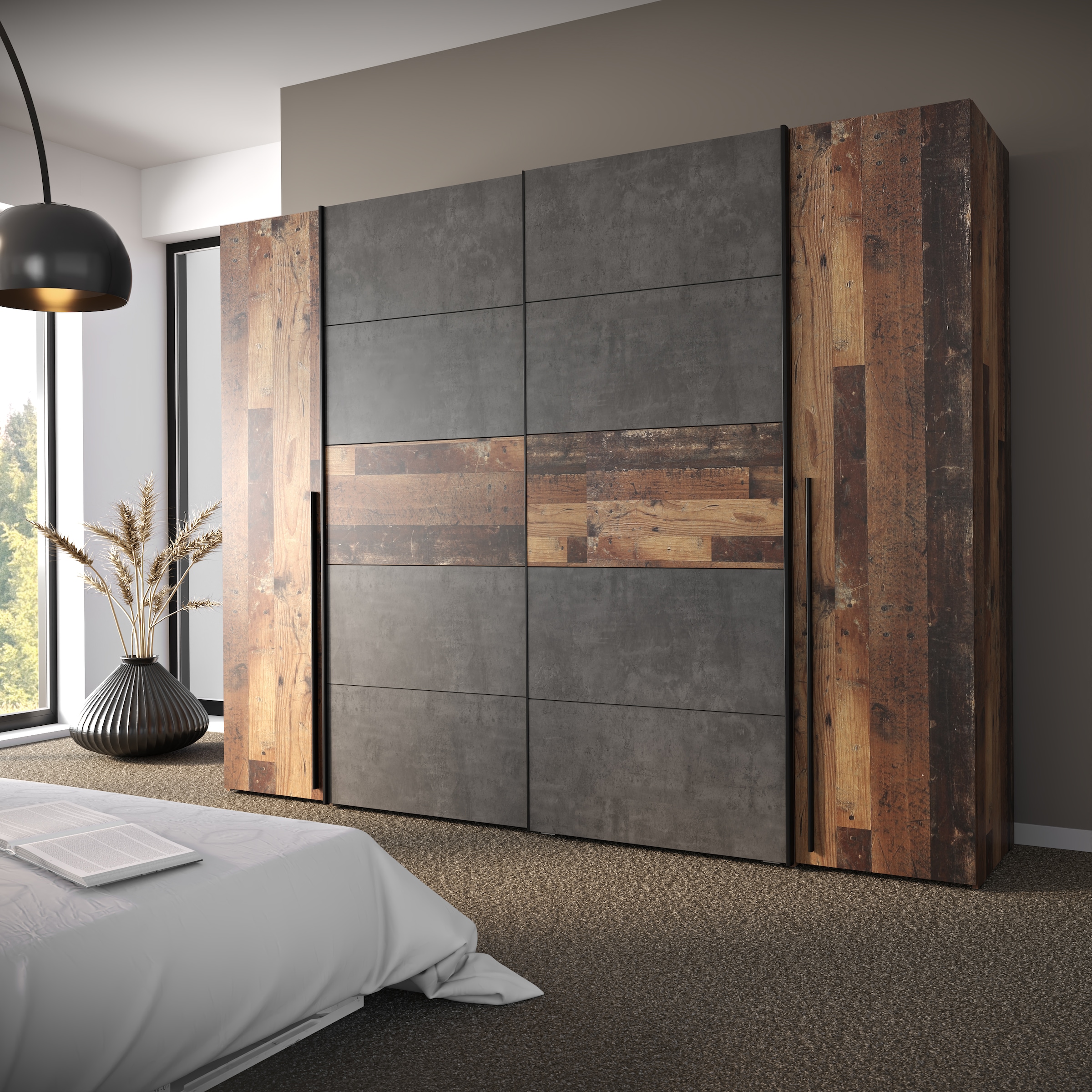 FORTE Schwebetürenschrank »Narago, Kombischrank, TOPSELLER, Paneele  wechselbar« B/H/T ca. 270/210/61cm, Farbe Weiß auch mit Spiegeln,  Schwebetüren in Kombination mit Drehtüren, Made in Europe