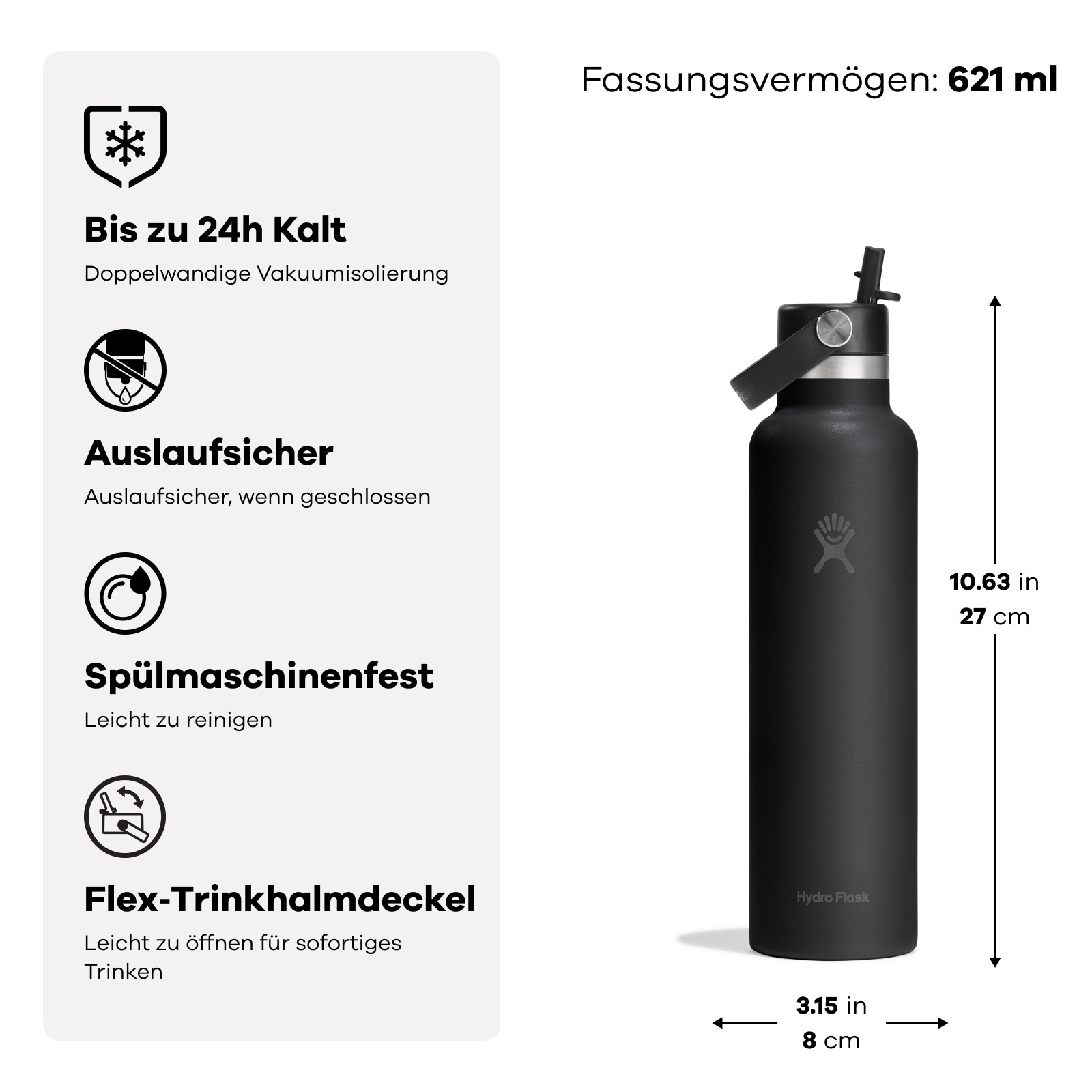 Hydro Flask Trinkflasche »21 OZ Standard Flex Straw Cap, 621 ml« TempShield®️ doppelwandige Vakuumisolierung