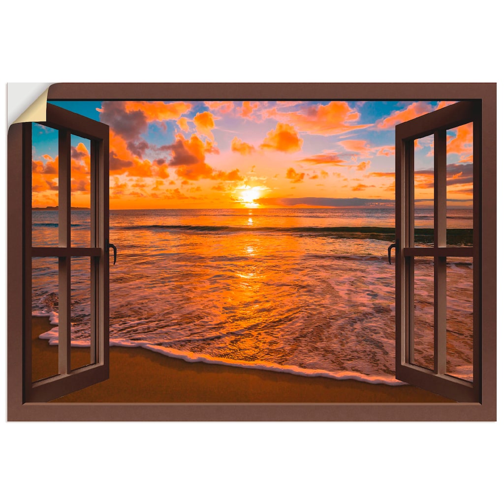 Artland Wandbild »Fensterblick Sonnenuntergang am Strand«, Sonnenaufgang & -untergang, (1 St.)