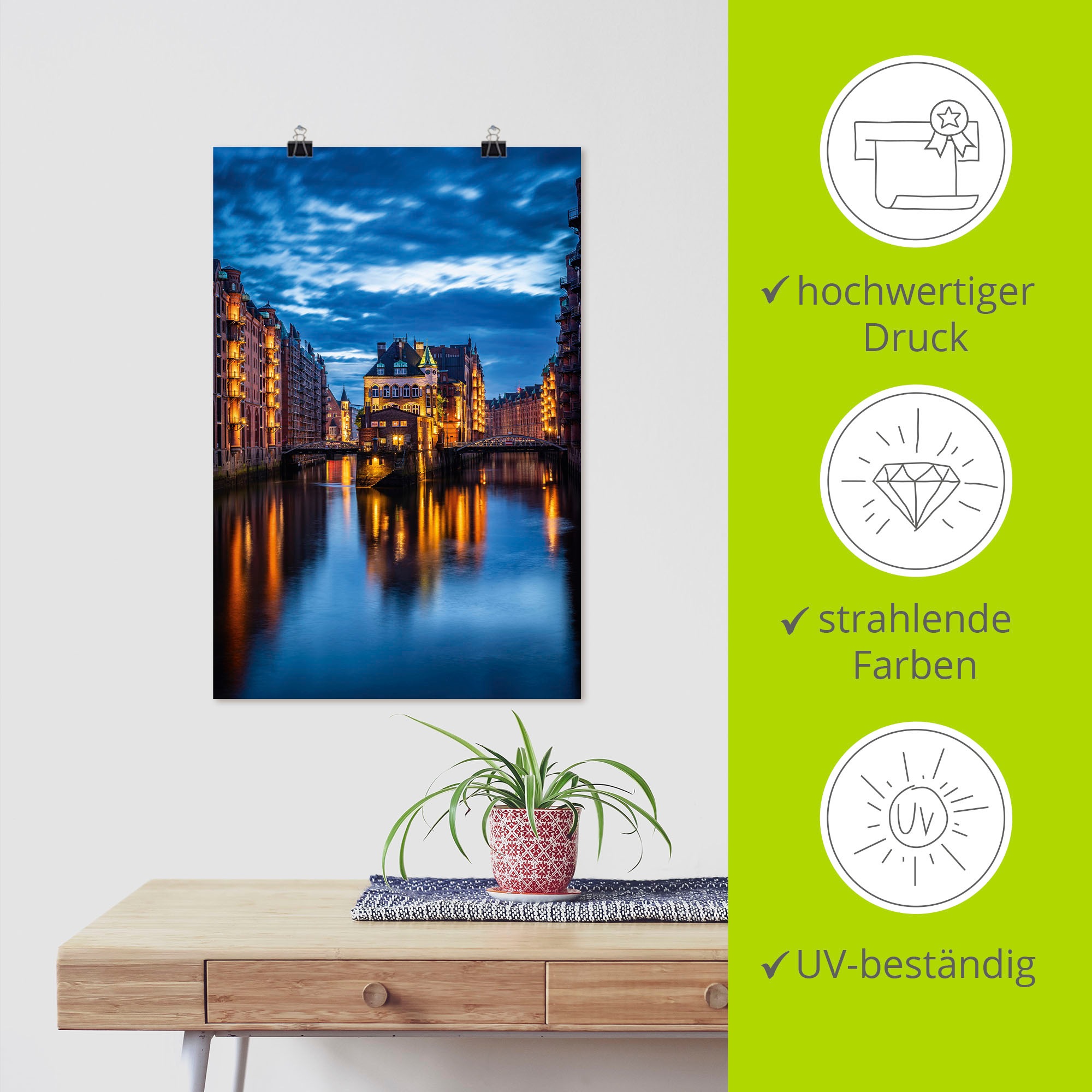 Wandbild ARTLAND "Wasserschloss Speicherstadt in Hamburg", farbe bild(er): blau, B:80cm H:120cm, Papier, Bilder, als Alubild, Leinwandbild, Poster, Wandaufkleber in verschied. Größen 2