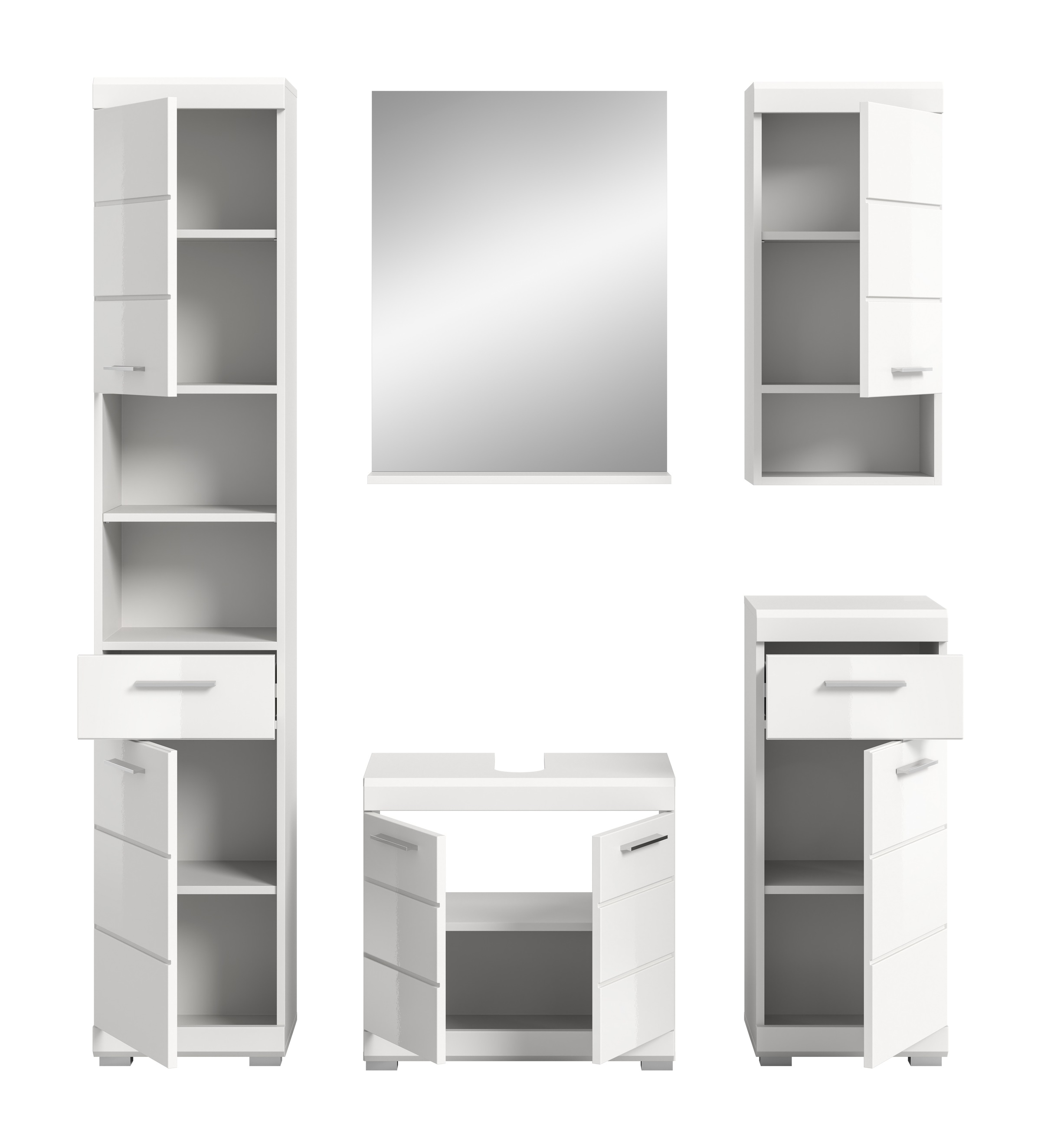 INOSIGN Badmöbel-Set »Siena, 5 teilig, bestehend aus:«, (Set, 5 St.), Hochschrank, WBU, Spiegel, Unterschrank, Hängeschrank
