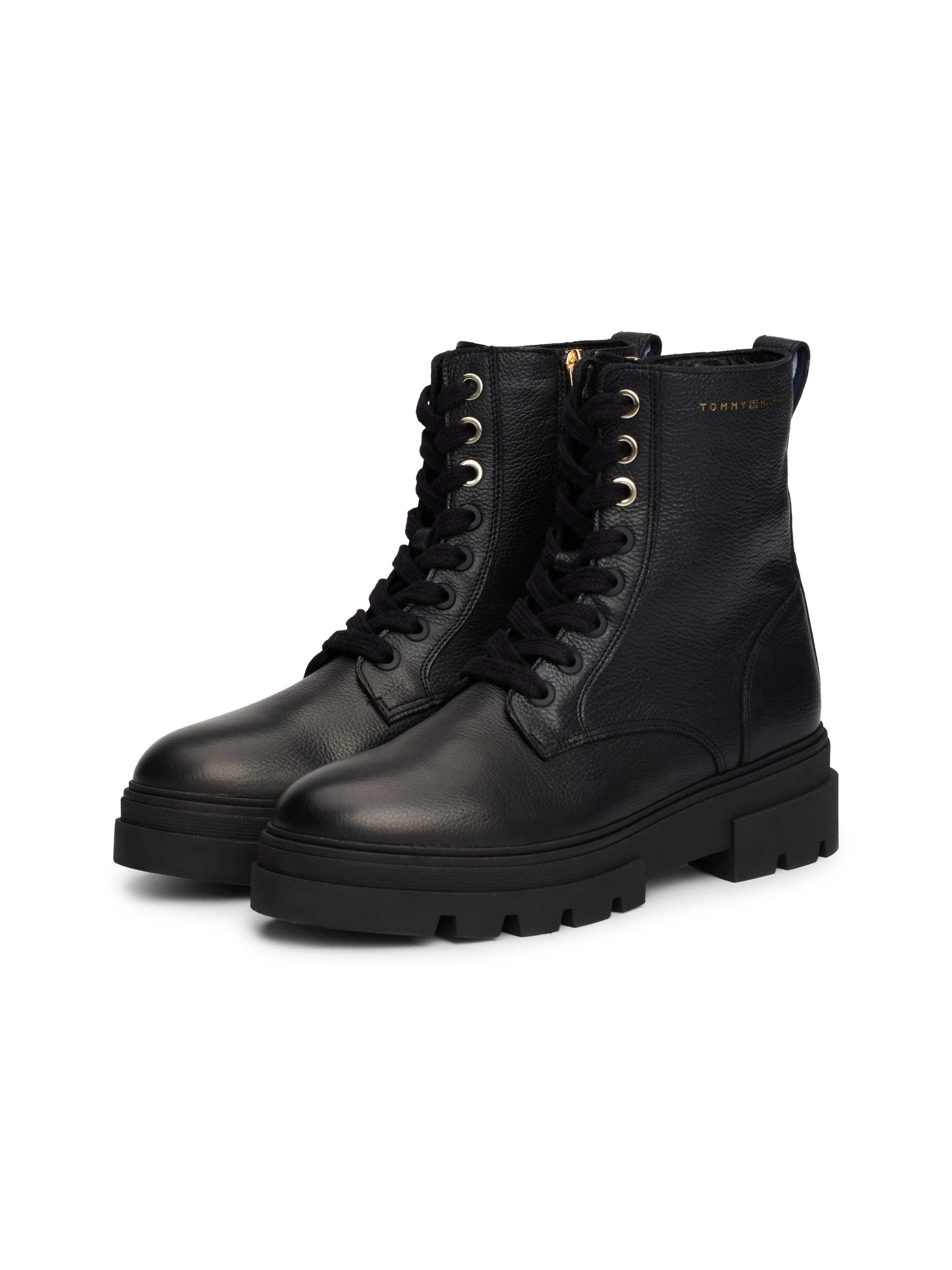 Tommy Hilfiger Schnürboots »BICOLOR LEATHER LACE-UP«, Plateau, Schnürstiefelette, Chunkyboots, goldfarbener Logoschriftzug