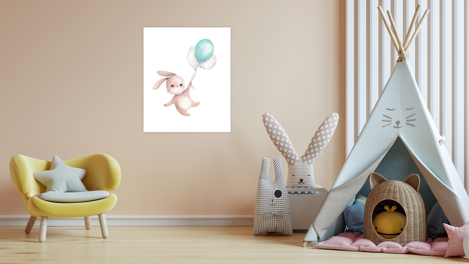 Lüttenhütt Bild mit Rahmen "oder Poster, Fliegender Hase mit Luftballons" Fantasy Luftballon Tiere 1 Stk. tlg. HD Premium Druck