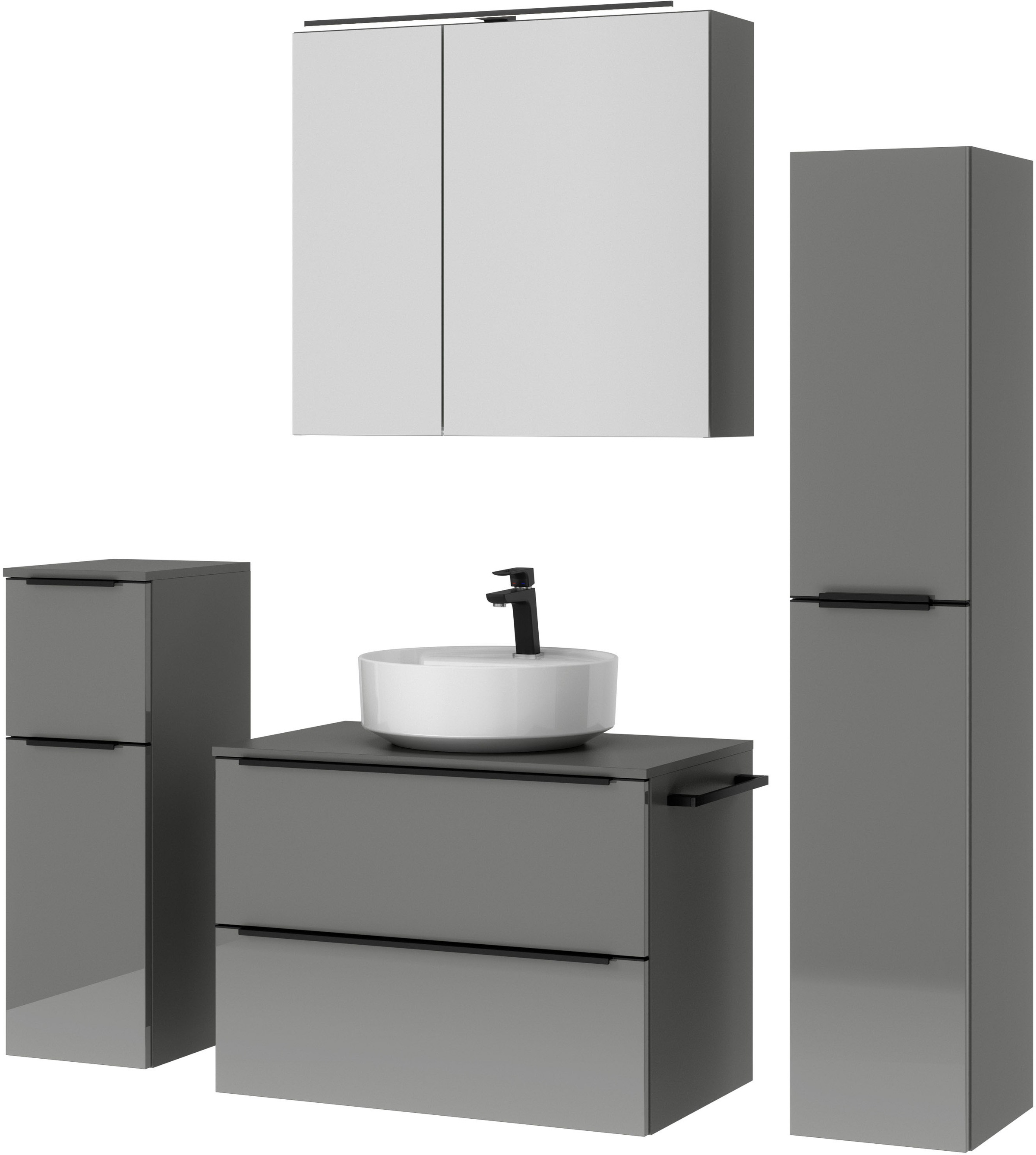 nobilia® Badmöbel-Set »Alvene«, (4 St., vormontiert, mit Soft-Close), inkl. Spiegelschrank mit Beleuchtung und Dimmerfunktion, in 4 Breiten
