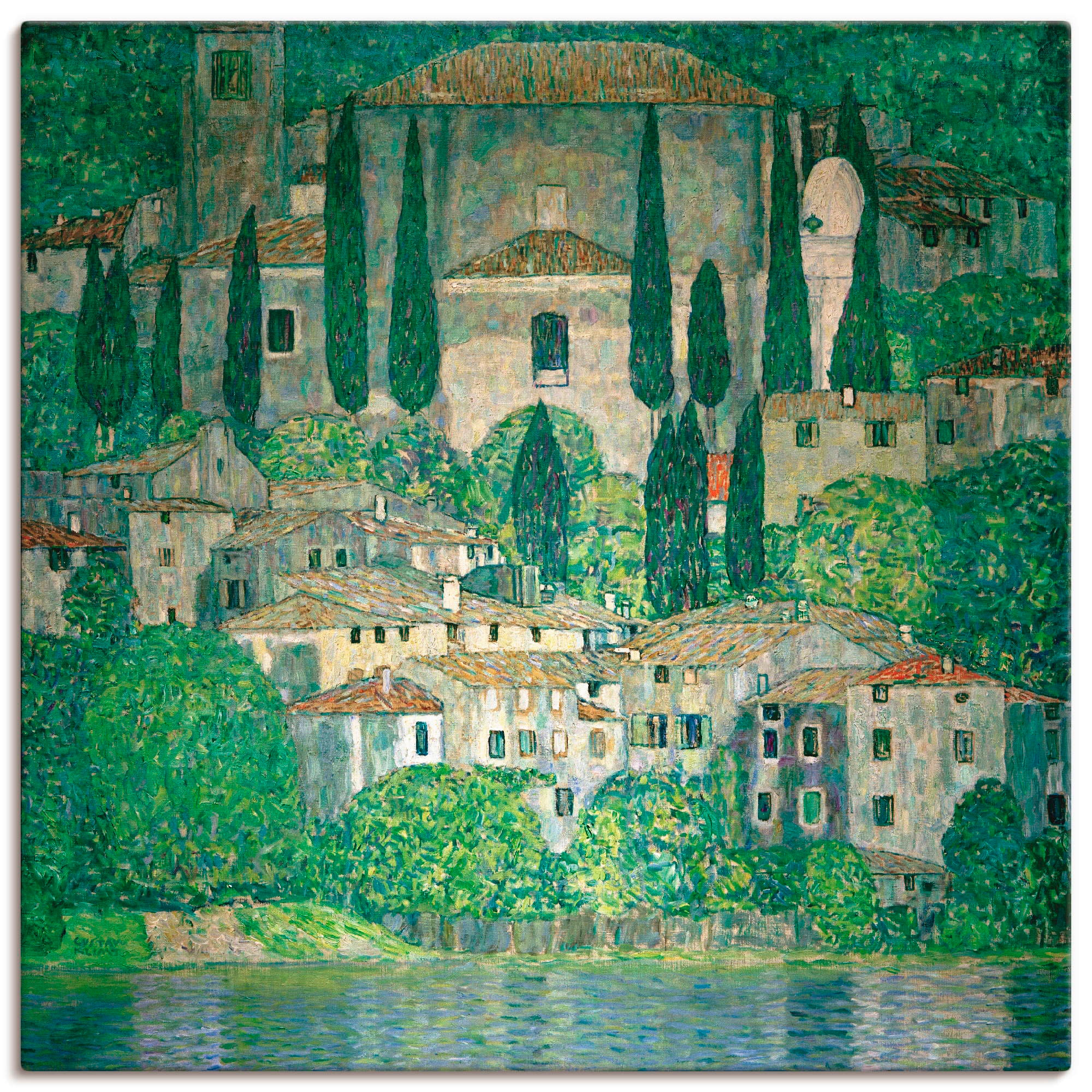 Artland Leinwandbild "Kirche in Cassone (Landschaft mit Zypres" Europa 1 Stk. tlg. auf Holzrahmen gespannt