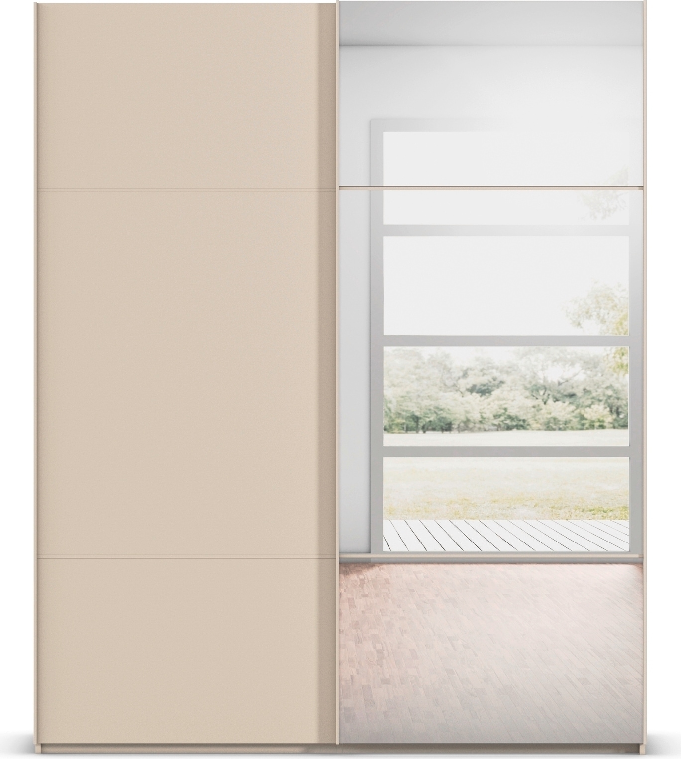 rauch Schwebetürenschrank »Kleiderschrank Schrank Garderobe Schlafzimmerschrank SCALE-TRIO«, edle dreigeteilte Front mit 2 Zierleisten und Spiegel MADE IN GERMANY