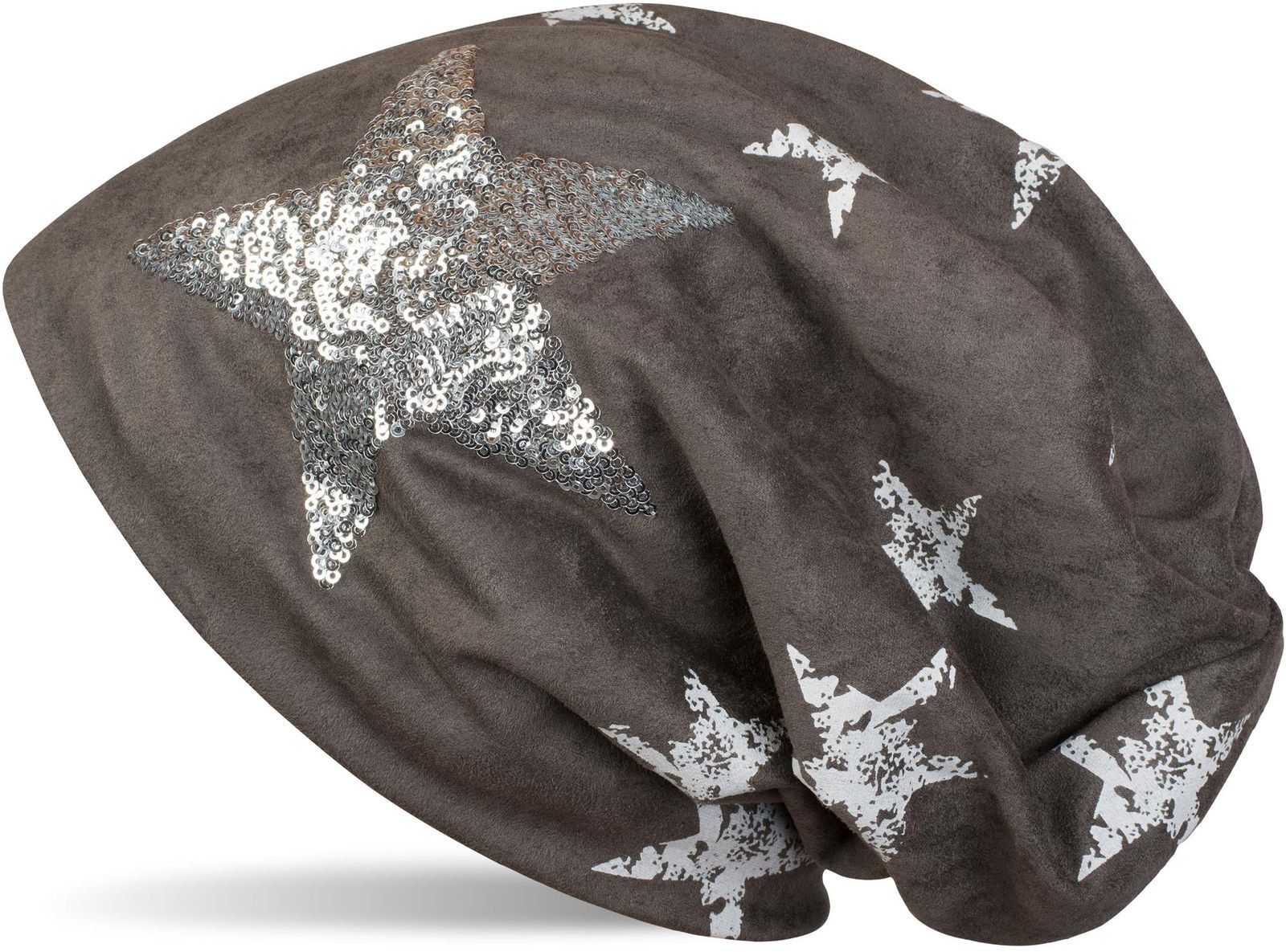 styleBREAKER Beanie "Beanie in Veloursleder Optik mit Pailletten Stern" 1 Stk.