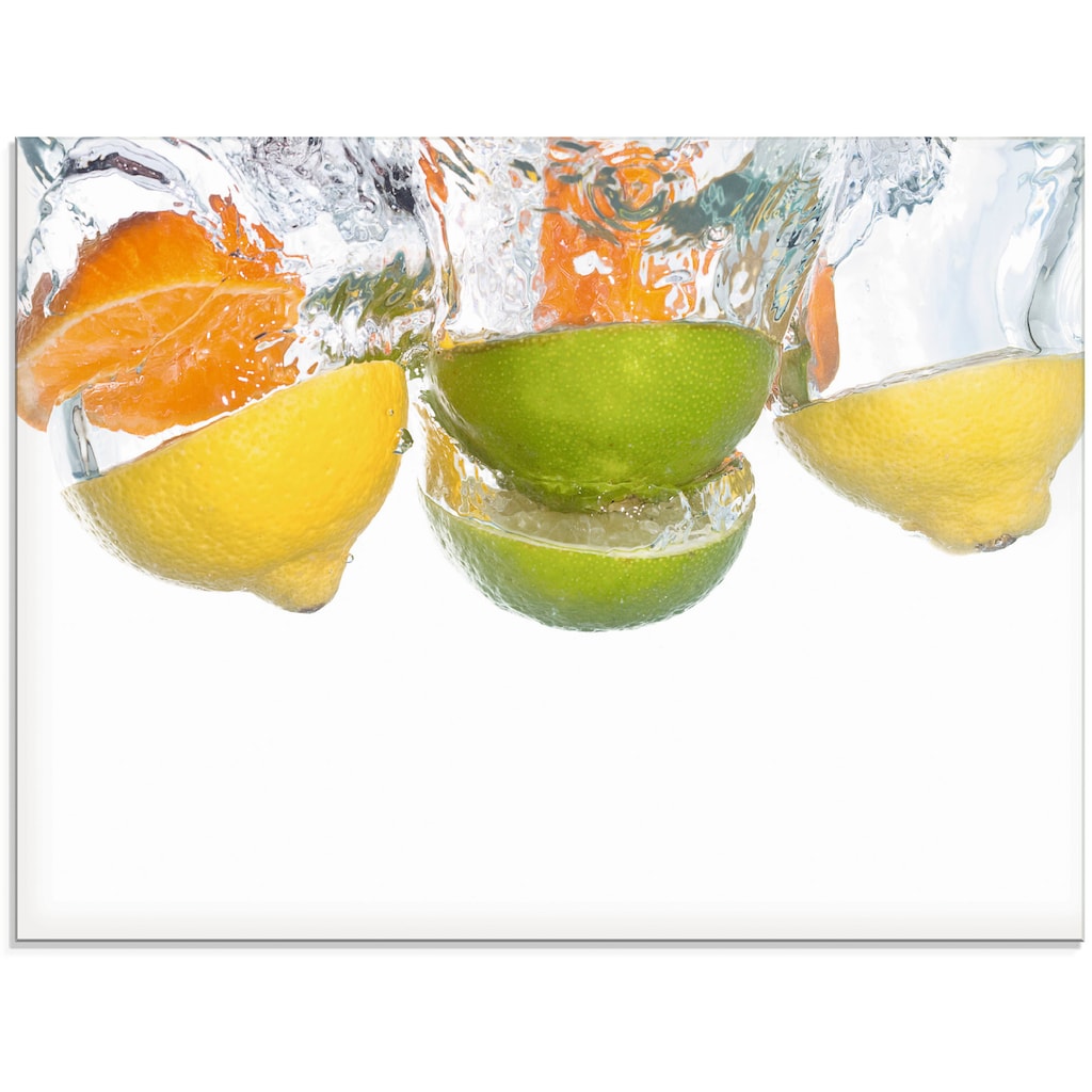 Artland Glasbild »Zitrusfrüchte fallen in klares Wasser«, Lebensmittel, (1 St.)