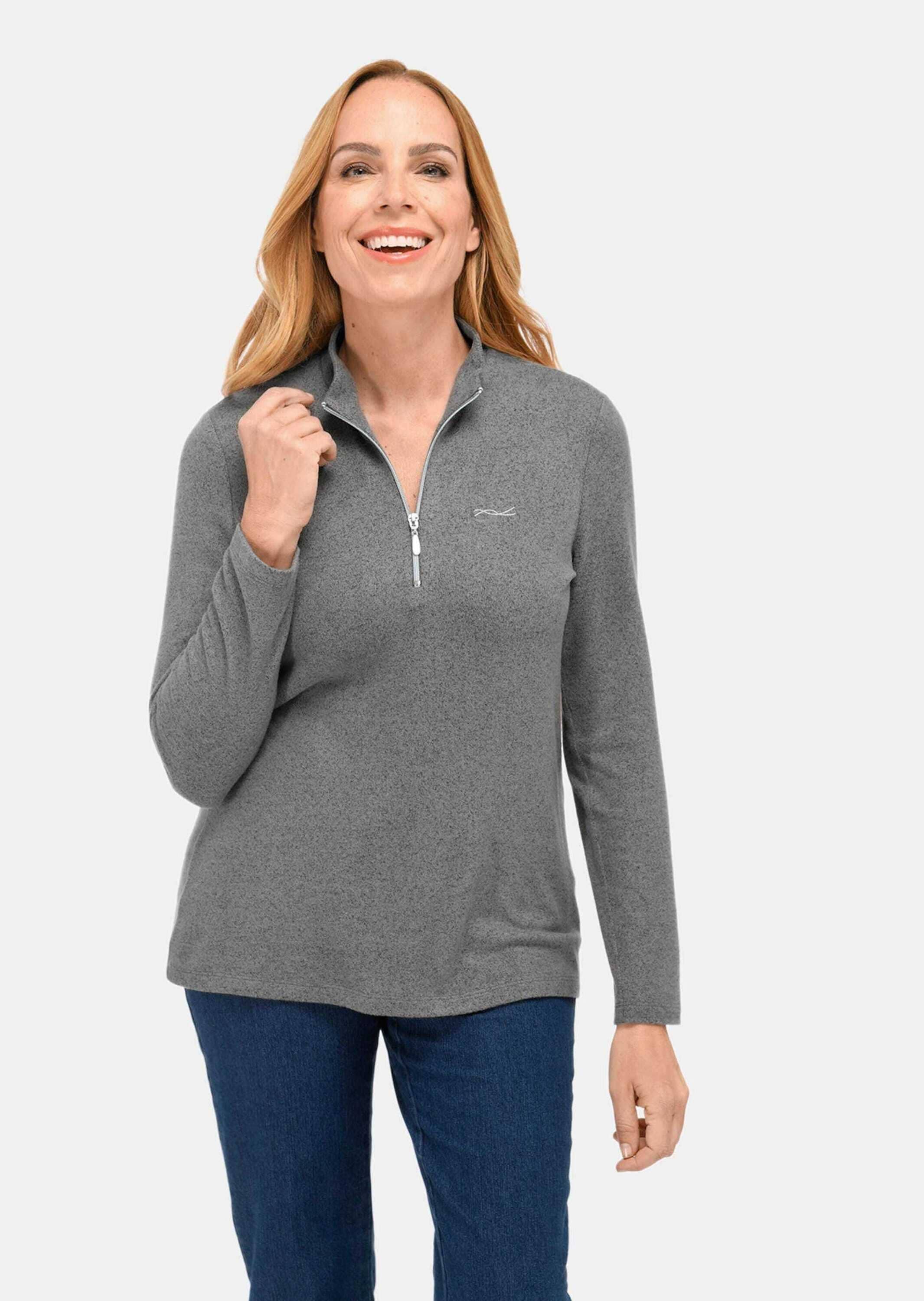 GOLDNER Strickpullover »Flauschshirt Flauschiges Stehbundshirt mit Reißverschluss und glänzendem, gesticktem Logo«