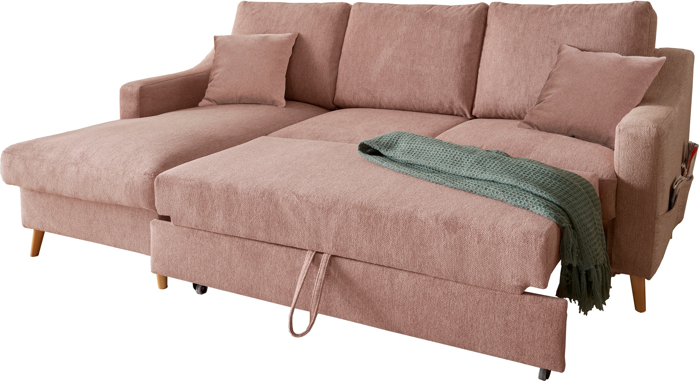 INOSIGN Ecksofa »Valentina L-Form«, 2 Zierkissen, mit Seitentasche, ausziehbarer Liegefläche, Bettkasten
