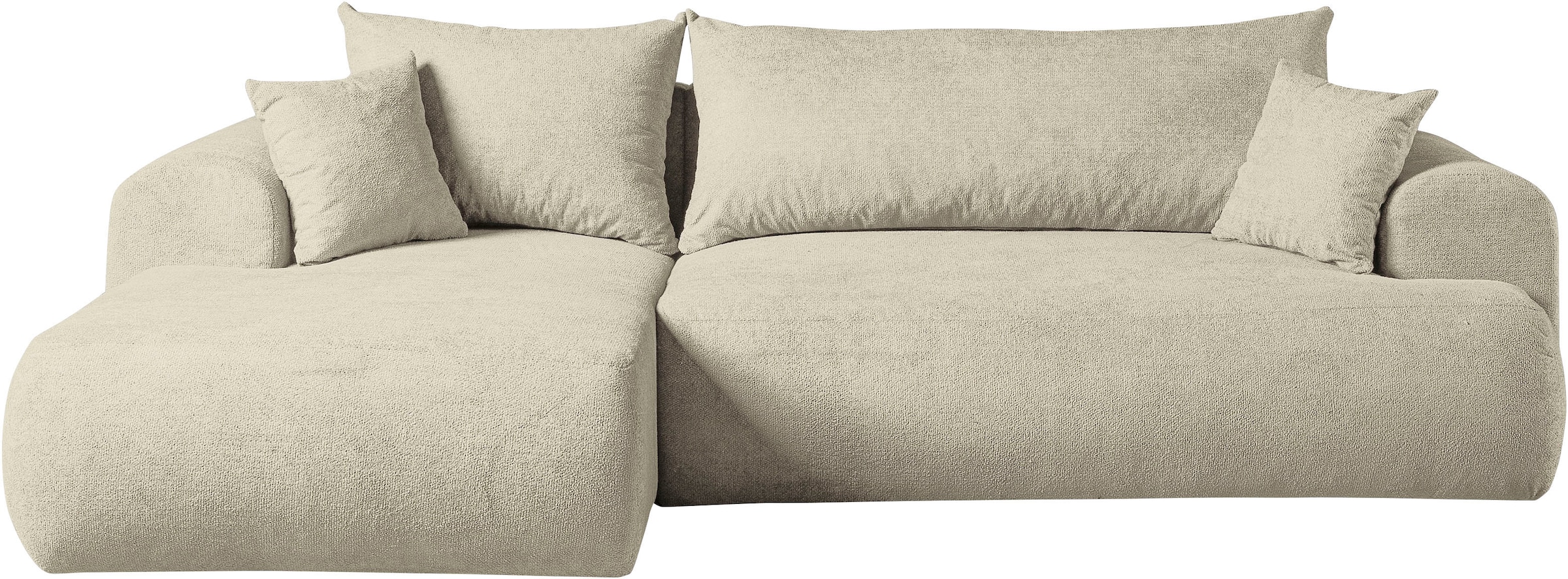WERK2 Ecksofa »Ewela 265 cm breit organisches Design & Komfort, mit Bett & Bettkasten« Bouclé, L-Form, Schlaffunktion, Bettkasten