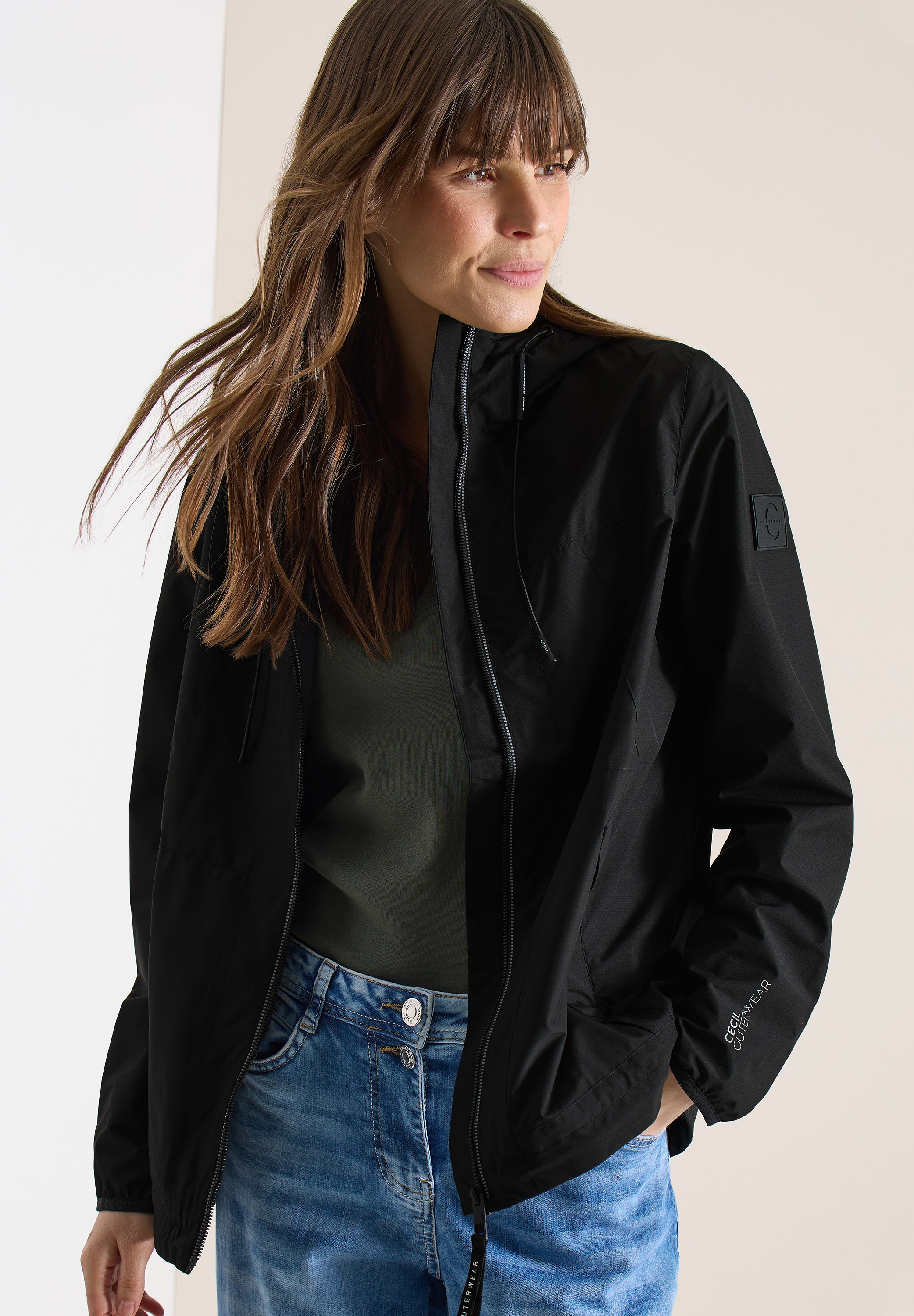 Regen- und Matschjacke CECIL, Damen, Gr. M (40), schwarz, Stoff, Obermaterial: 100% Polyester; Futter: 100% Polyester, unifarben, comfort fit normal, ohne Ausschnitt, Bündchen, Jacken, mit Tunnelzugsaum