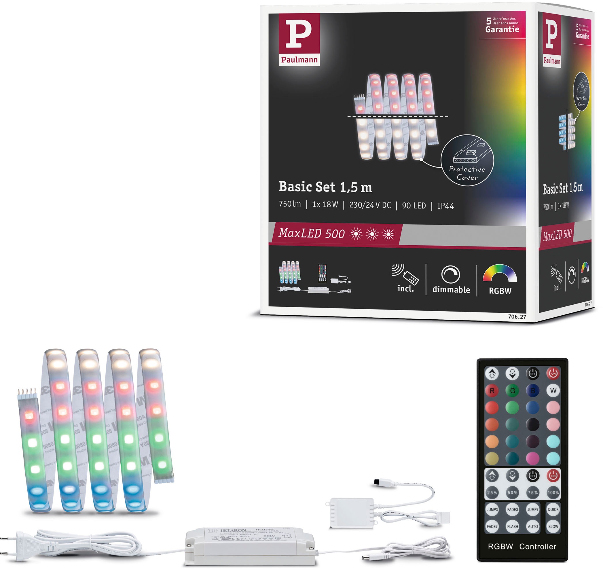 PAULMANN LED-Streifen "MaxLED 500 Basisset 1,5m RGBW+ IP44 18W 440lm/m beschichtet", Dioden 90 Stk. Flammen 1 Stk., Gesamtlänge 1,5m, silber, Küche,