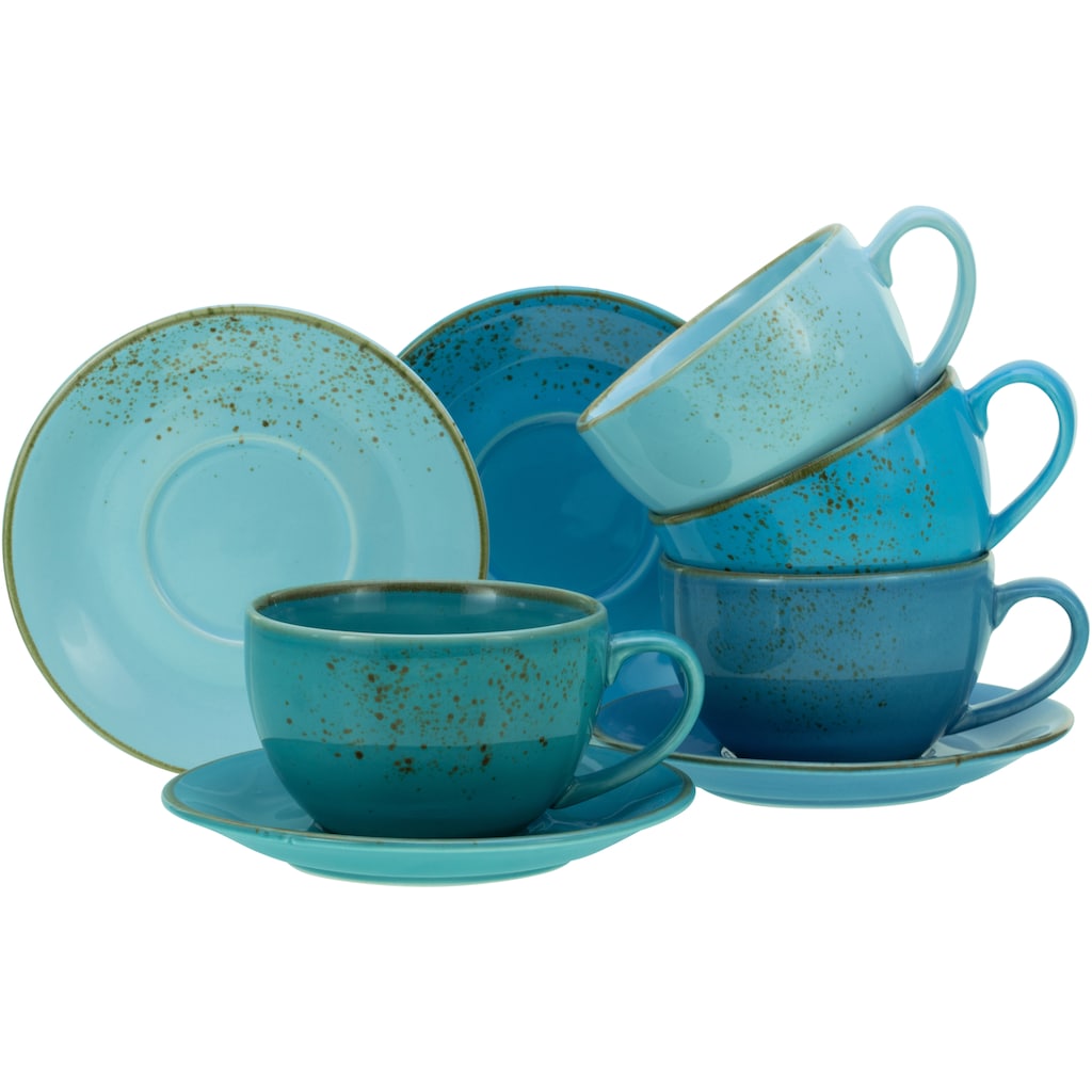 CreaTable Cappuccinotasse »Kaffeetasse NATURE COLLECTION Aqua«, (Set, 8 tlg.), Tassen Set, aktuelle Blautöne mit Sprenkel, 4 Tassen, 4 Untertassen