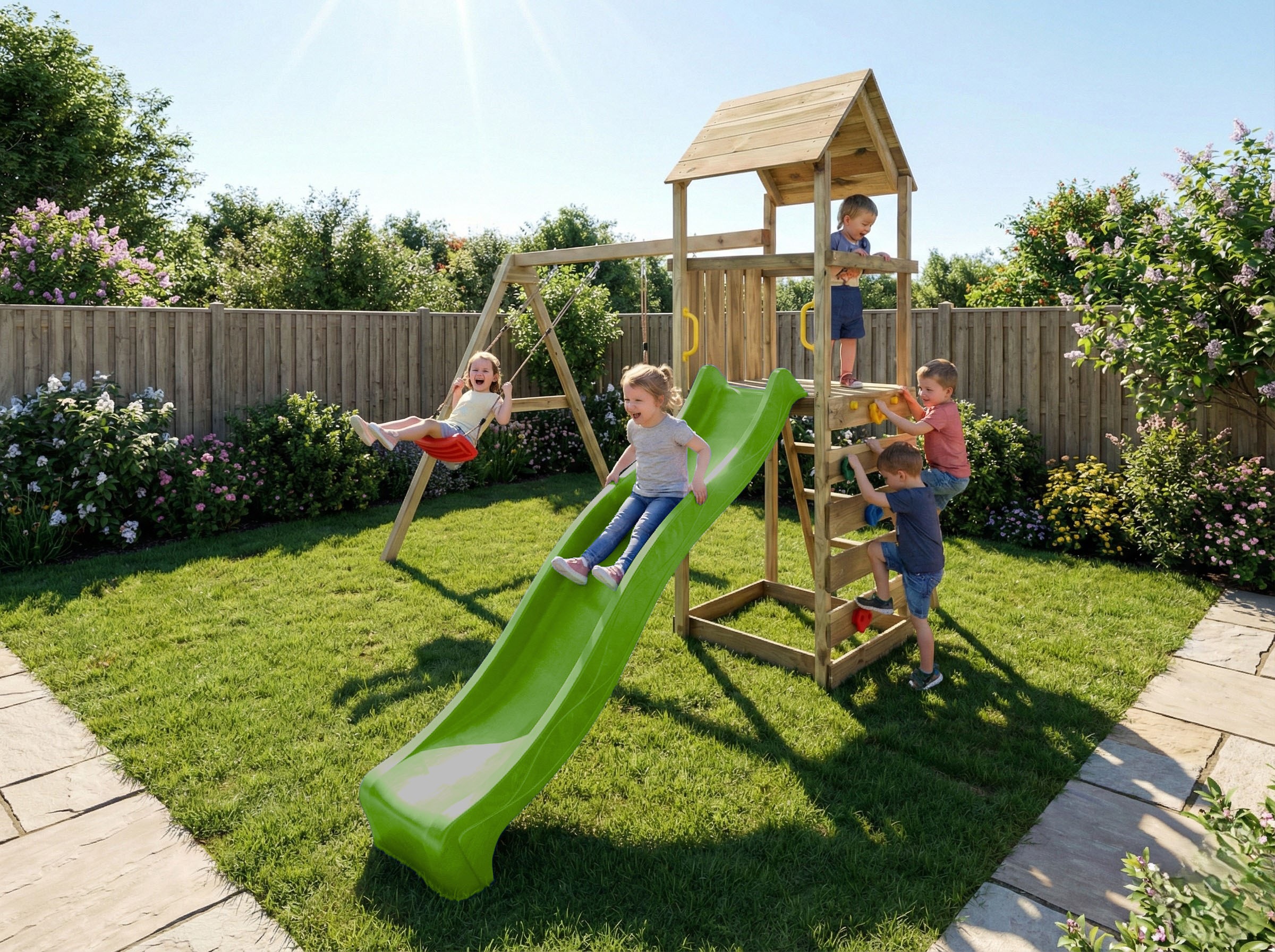 FUNGOO Spielturm »MaxPlay 2.2« mit Rutsche, Doppelschaukel und Kletterwand