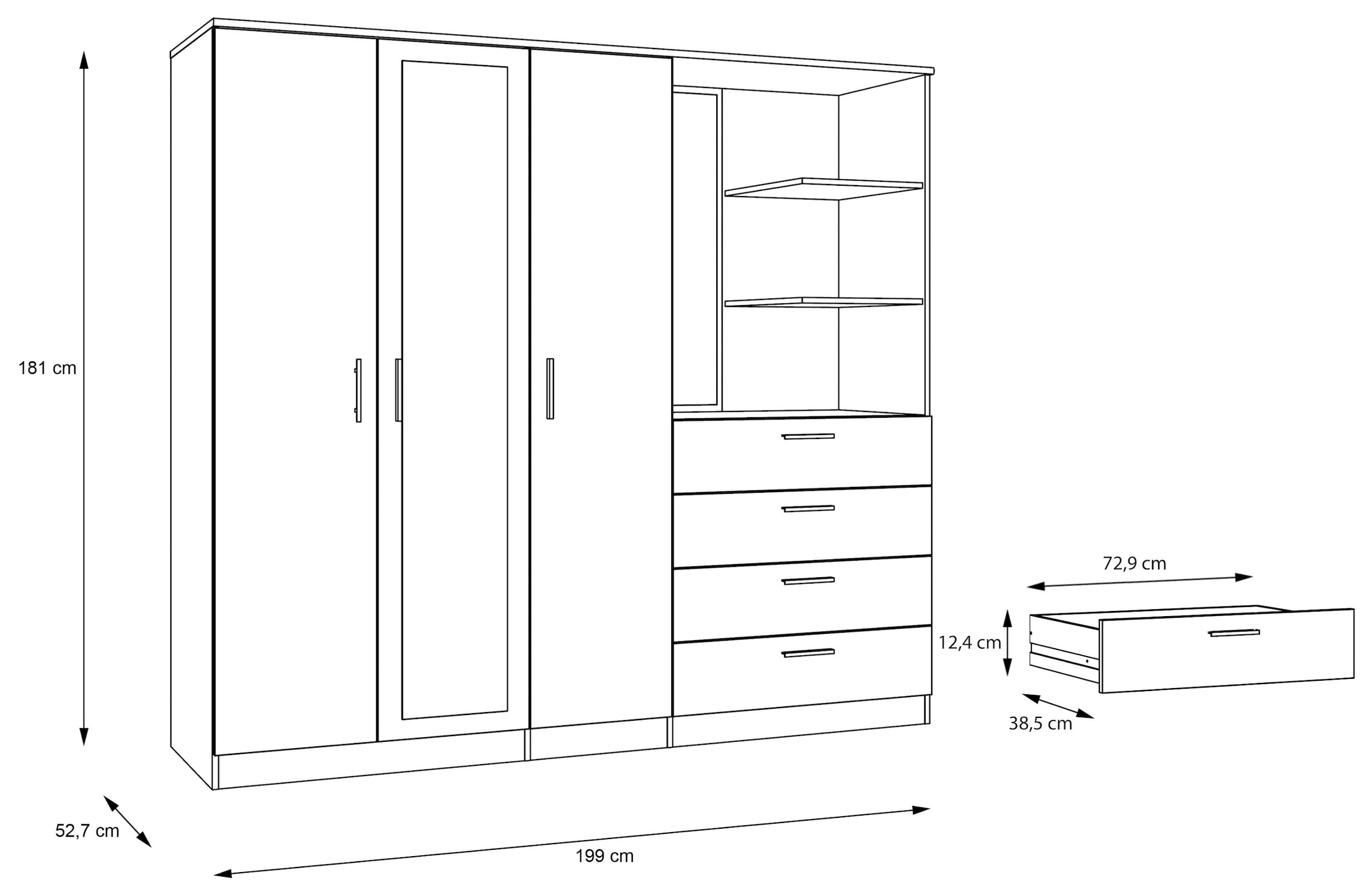 FORTE Kleiderschrank »Drehtürenschrank, Spiegel, Schubladen, viel Stauraum« B/H/T 199/181/52,7, Spiegeltüre, Stauraum, FSC