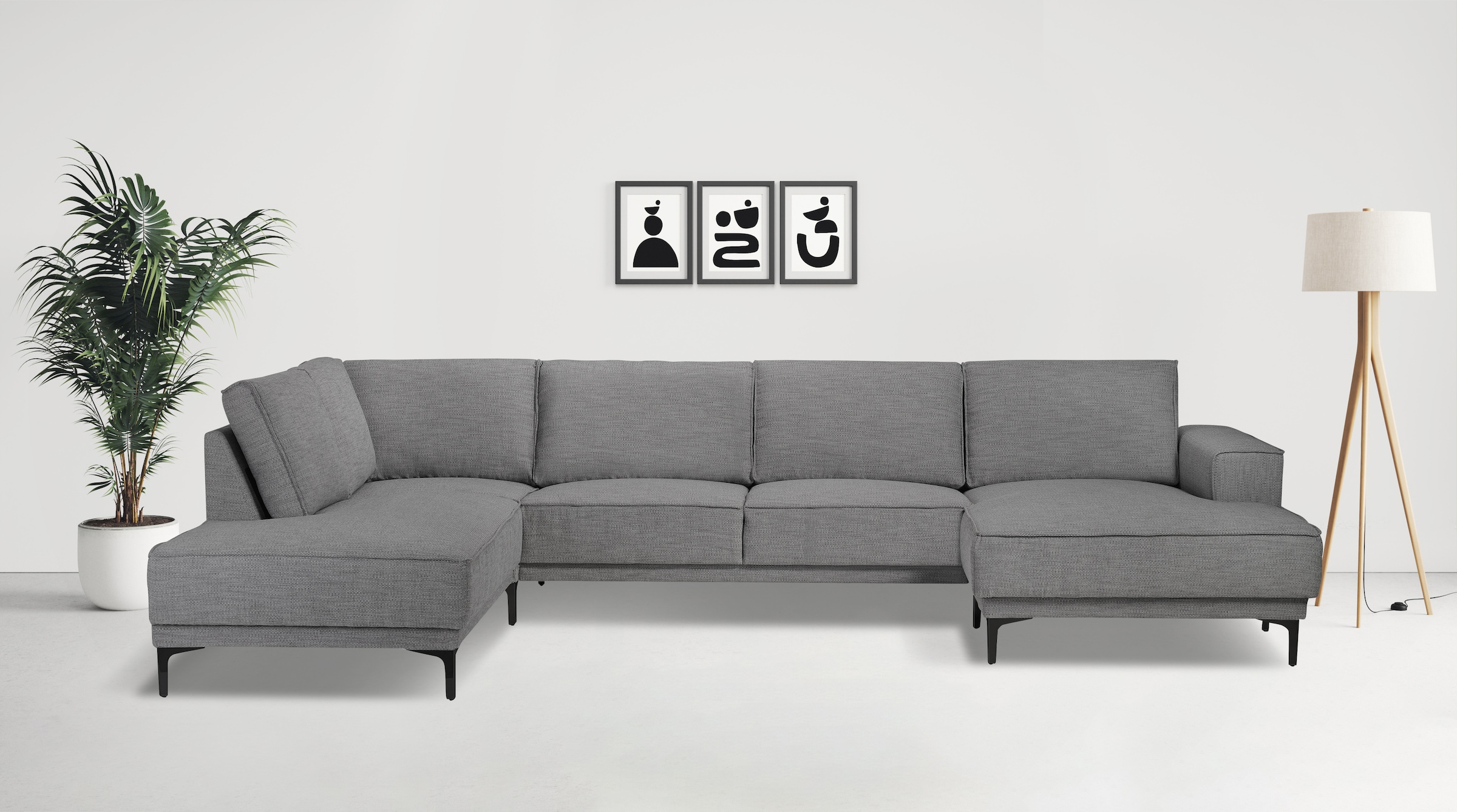 OTTO home Wohnlandschaft "OLAND Flachgewebe U-Form, XXL, B: 345 cm, Skandi-Design" U-Form, 345 cm, Wellenunterfederung, Skandi-Design, Metallfüße