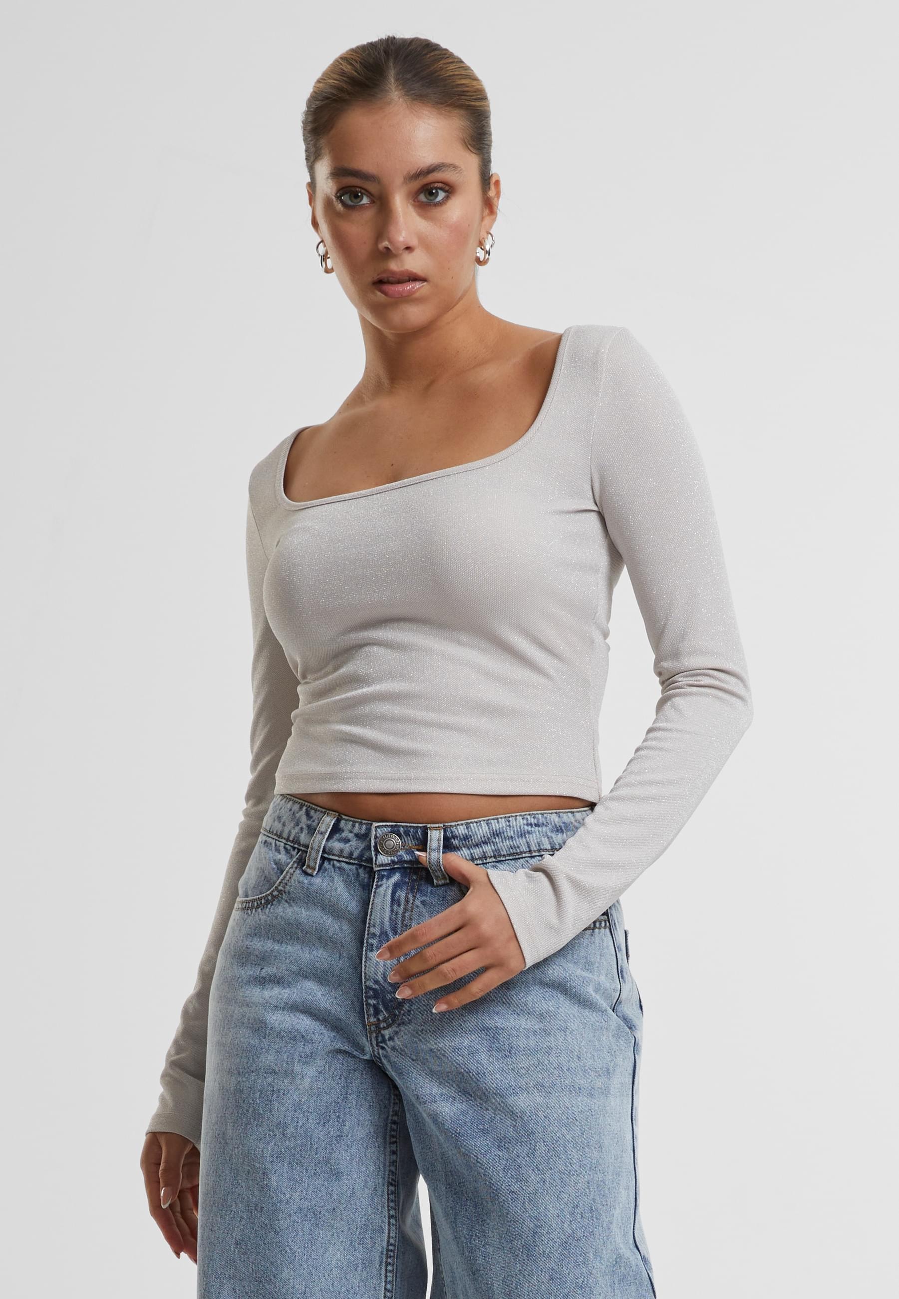 URBAN CLASSICS T-Shirt »Urban Classics Ladies Glitter Square Neck Longsleeve«, (1 tlg.)