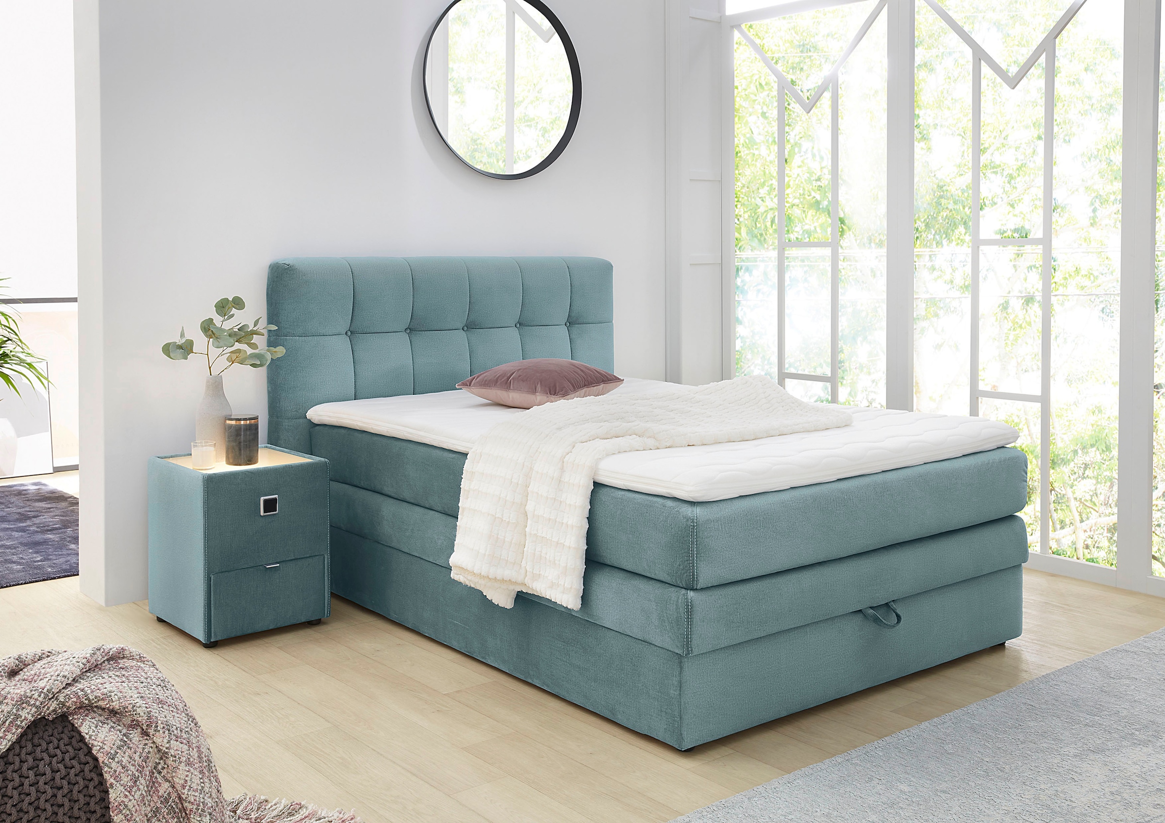 Jockenhöfer Gruppe Boxspringbett "AMY mit Bettkasten, inkl. Bonnell- oder Taschenfederkernmatratze H2-H4" mit 6 cm Kaltschaum-Topper, Samt-Bezug, 120x200 und 140x200 cm