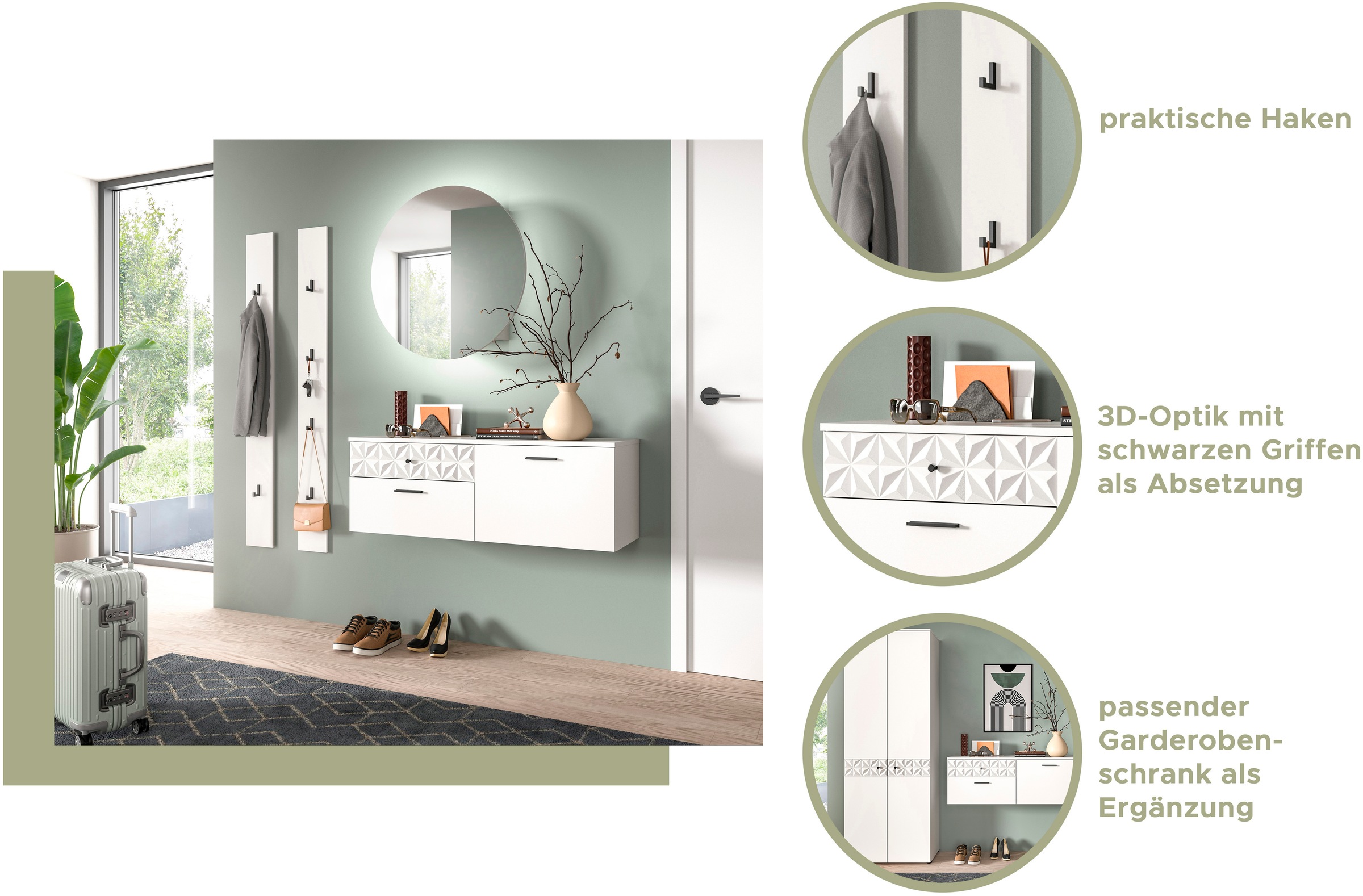 INOSIGN Schuhschrank »VICENZA, hängend, 2 Schubkästen, 1 Klappe, 2 Fächer, Ornamentabsetzung«, Hängeschrank, Flurschrank, Dielenschrank, Anrichte, Kommode