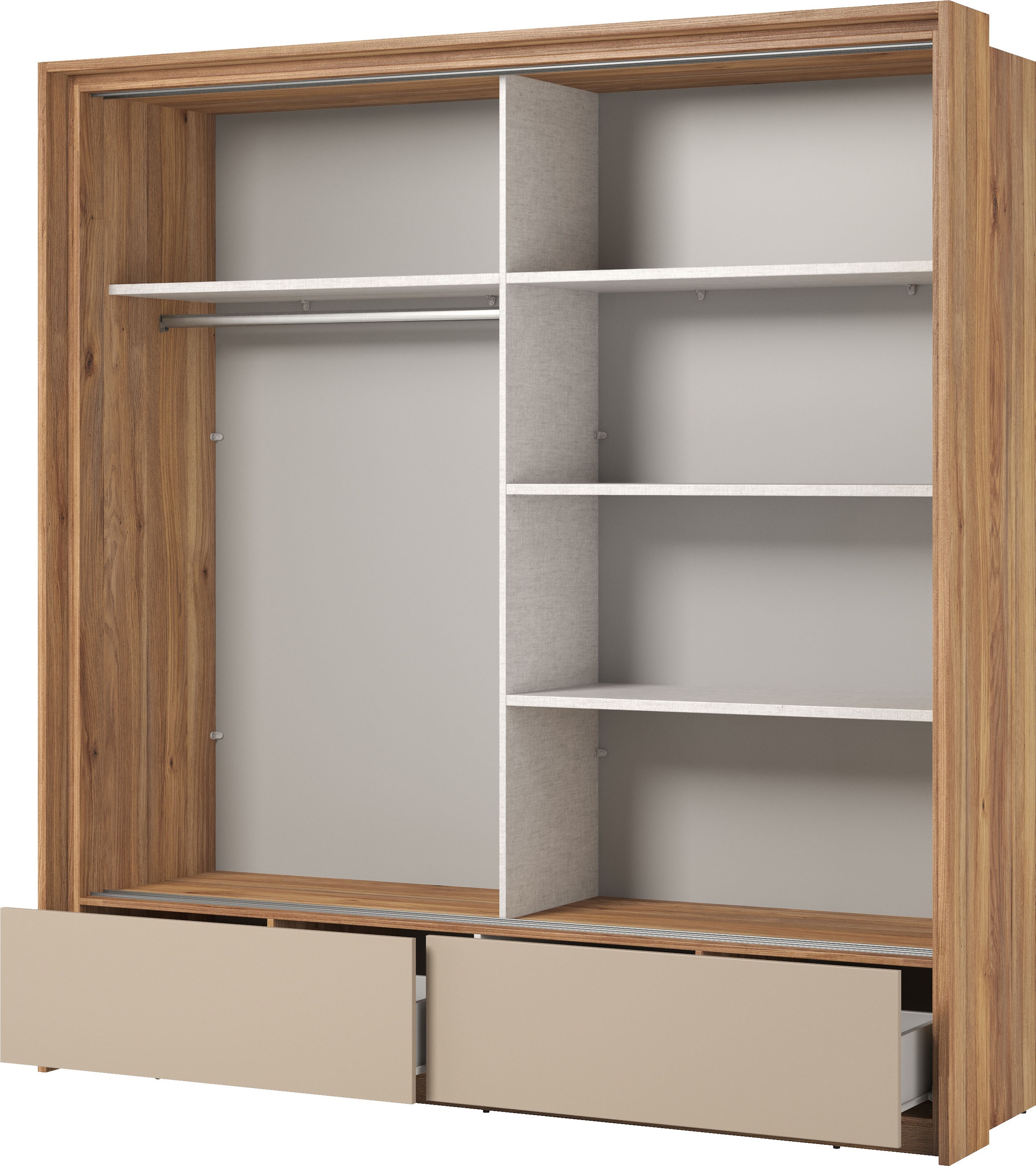 INOSIGN Schwebetürenschrank »Wharton, Breite 159 oder 209 cm, Kleiderschrank incl. Innenausstattung«, Wäscheschrank, 2 Schubkästen, 2 Spiegel, Metallgriffe, Garderobe