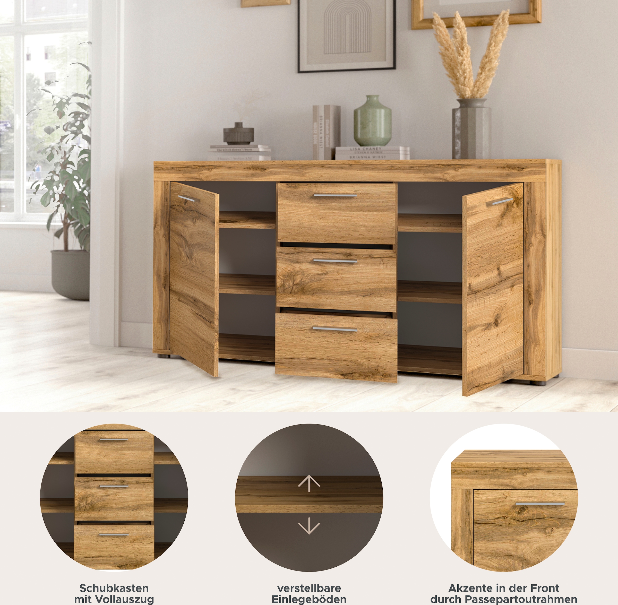 INOSIGN Sideboard »Aosta, Breite 125 cm, in verschiedenen Farbausführungen«, mit 2 Türen und 3 Schubkästen, Wohnzimmer, Kommode, Schrank