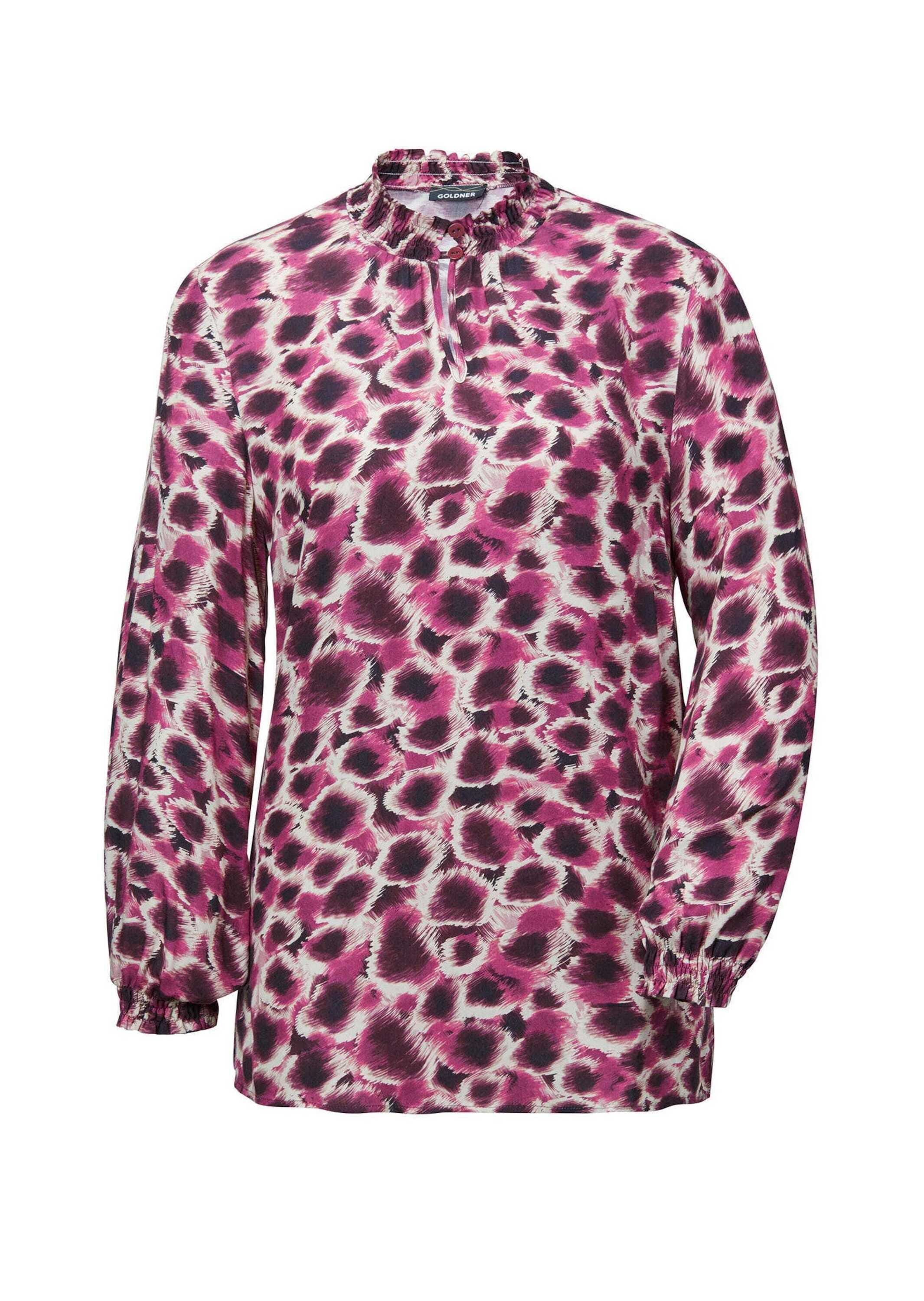 Klassische Bluse GOLDNER "Langarmshirt mit Stehkragen, Print", Damen, Gr. 44, lila (beere, gemustert), Obermaterial: 100% Viskose CV., figurumspielend, Gummibündchen, Blusen, Smok-Details