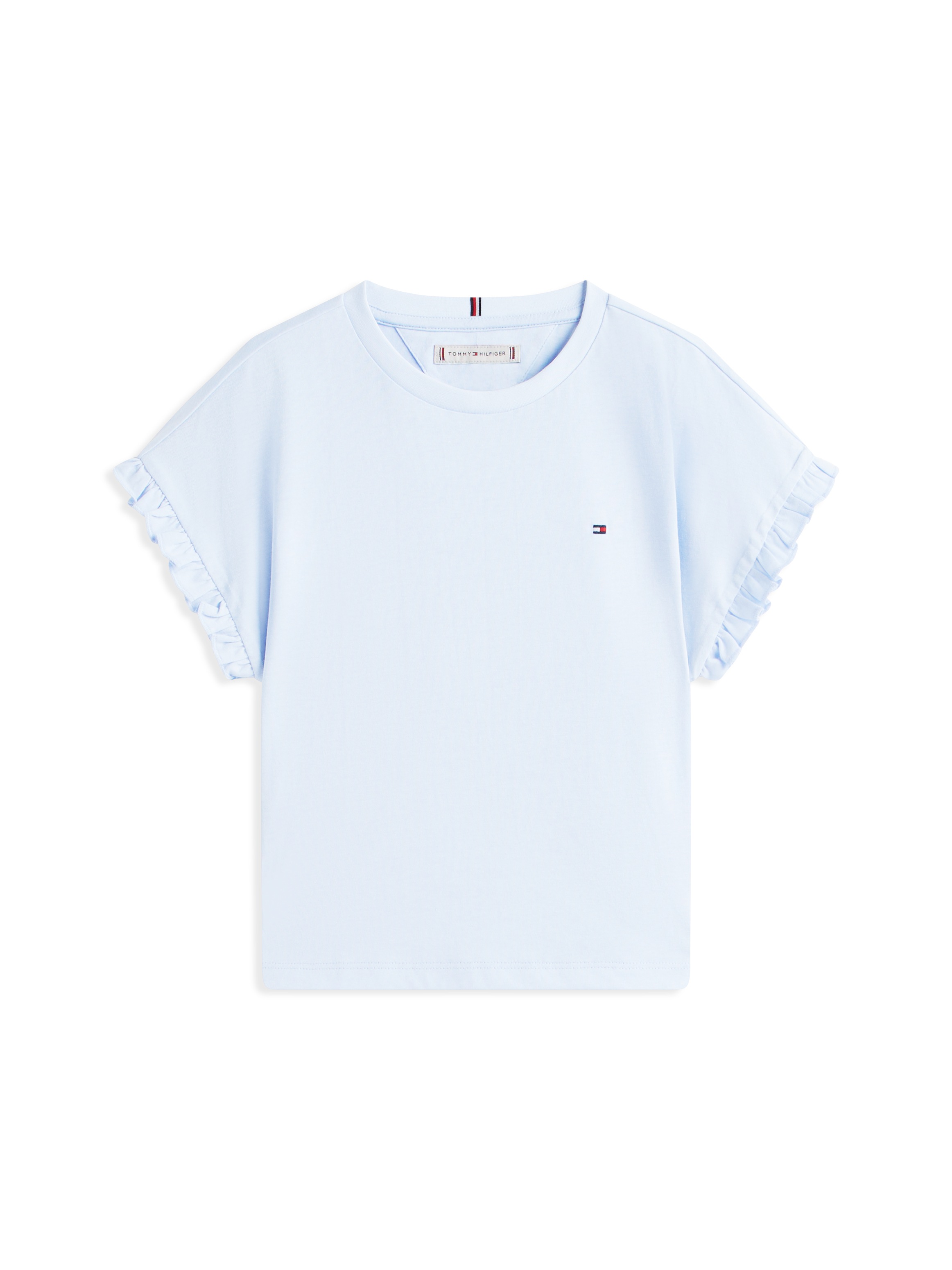 T-Shirt TOMMY HILFIGER "ESSENTIAL TOP SHORT SLEEVE", Mädchen, Gr. 10 (140), sweet blau, Single Jersey, Obermaterial: 60% Baumwolle, 40% Polyester, unifarben, relaxed fit normal, Rundhals, Rüschen, Shirts T-Shirt, Kinder bis 16 Jahre, mit Rüschen, relaxed  5