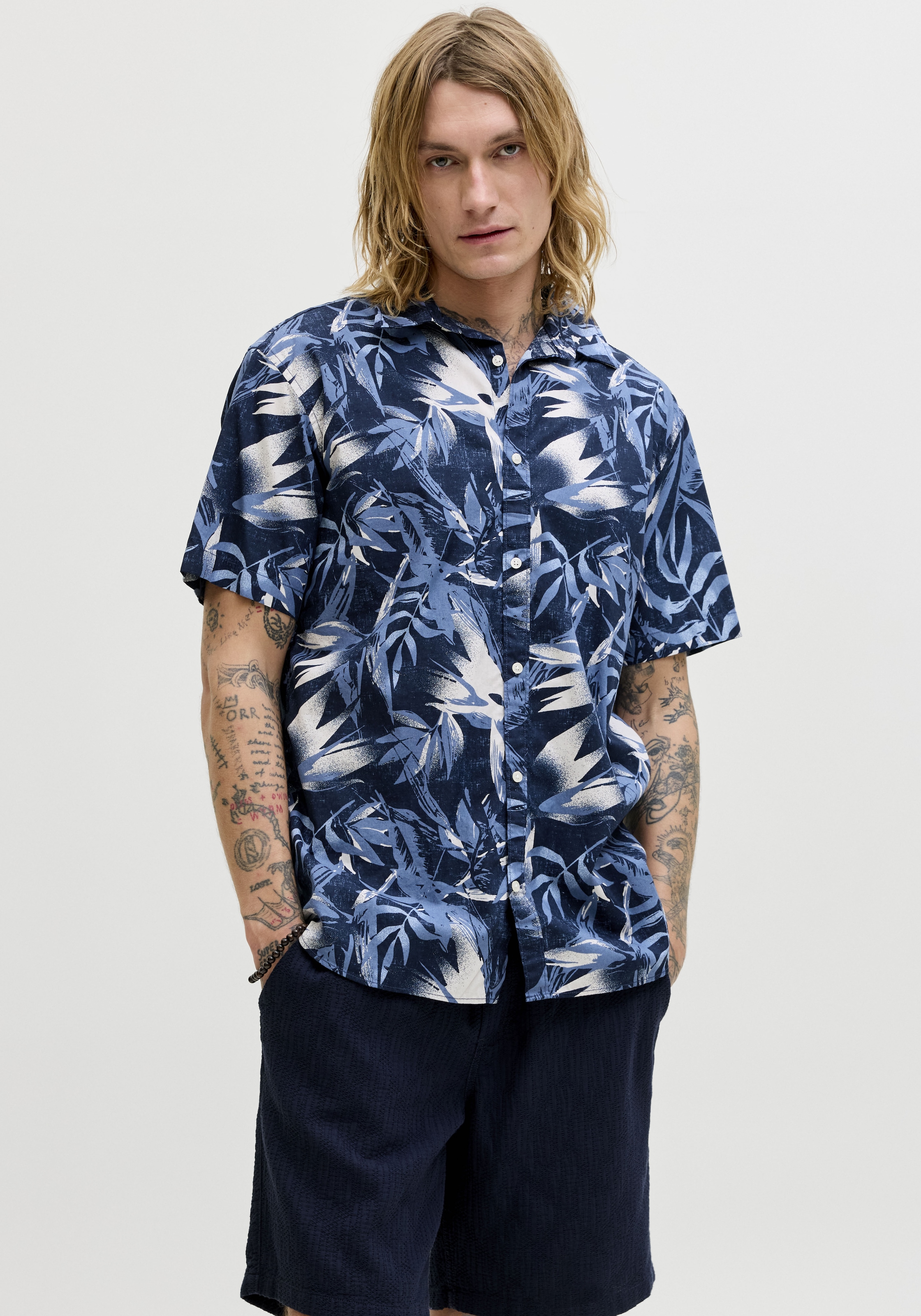 Chinohose JACK & JONES "JPSTMARCO DYLAN CHINO SHORTS", Herren, Gr. M, N-Gr, schwarz navy, Web, Obermaterial: 98% Baumwolle, 2% Elasthan, unifarben, regular fit knielang, Hosen Chinohose