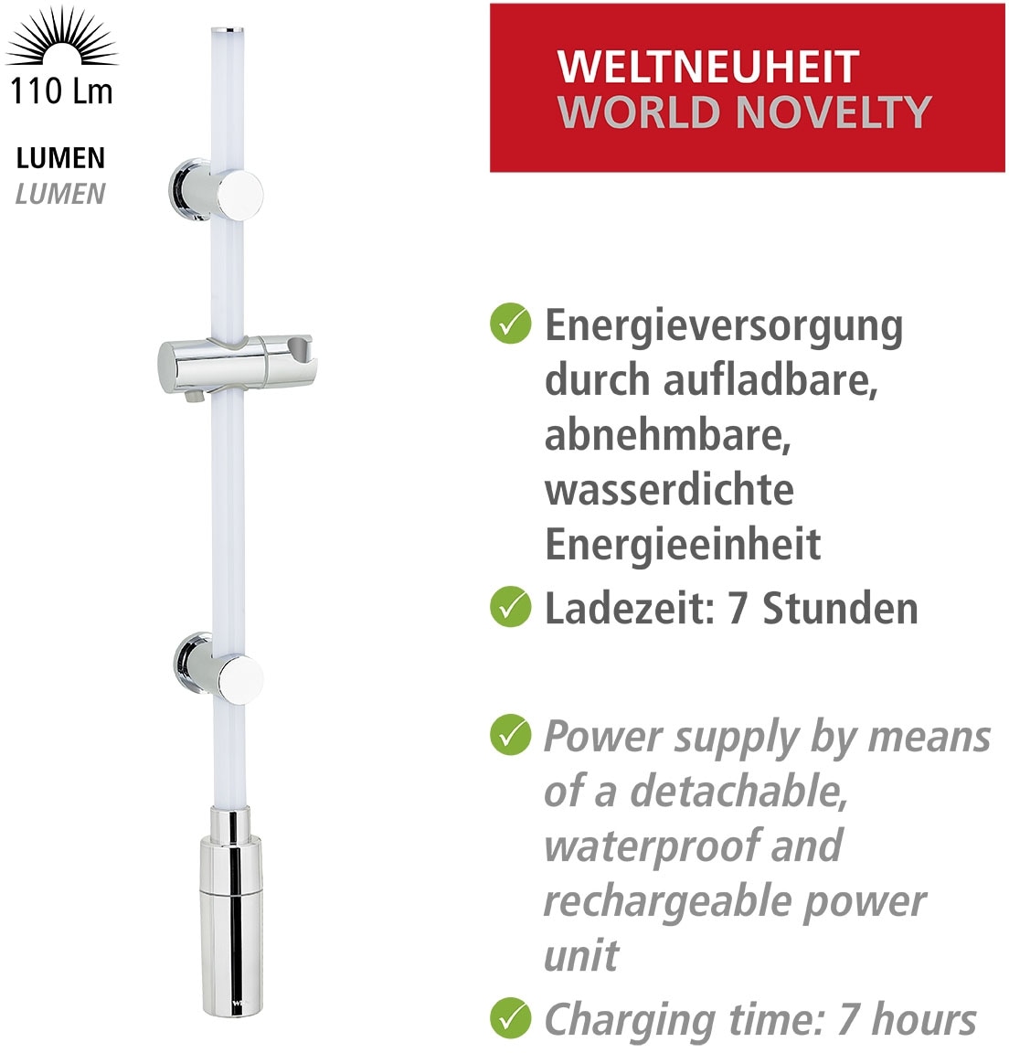 WENKO Duschstange »Brausestange mit LED Beleuchtung«, Länge: 74 cm, Warmweiß, inkl. wiederaufladbarer Einheit